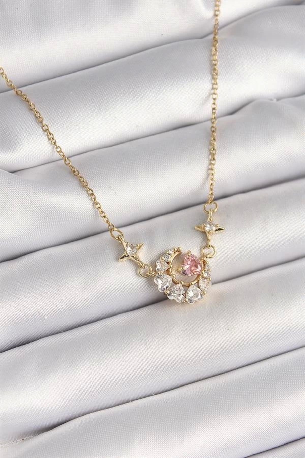 Lale Moda 316L Çelik Gold Renk Zirkon Taşlı Hilal Pembe Kalp Model Kadın Kolye