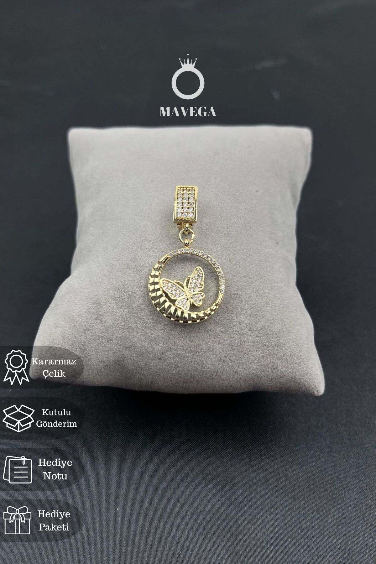 MAVEGA Zirkon Kelebek Model Ajda Bilezik Charm | Kararmaz Çelik, Zirkon Taş, Altın Renk