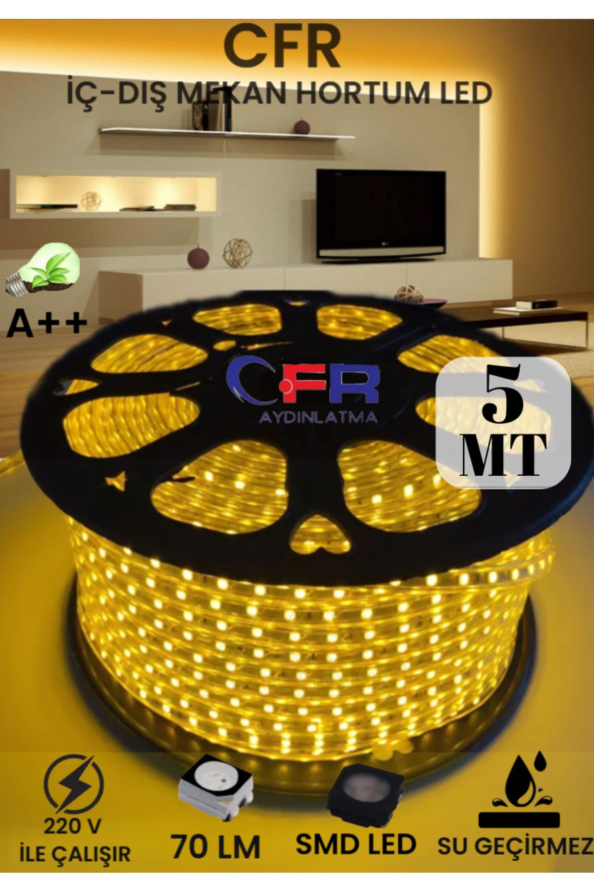 CFR Hortum Esnek Şerit Led Beyaz günışığı,amber Rengi + 220v Fiş/2,3,4,5,10,15,20,25,50,100 Metre