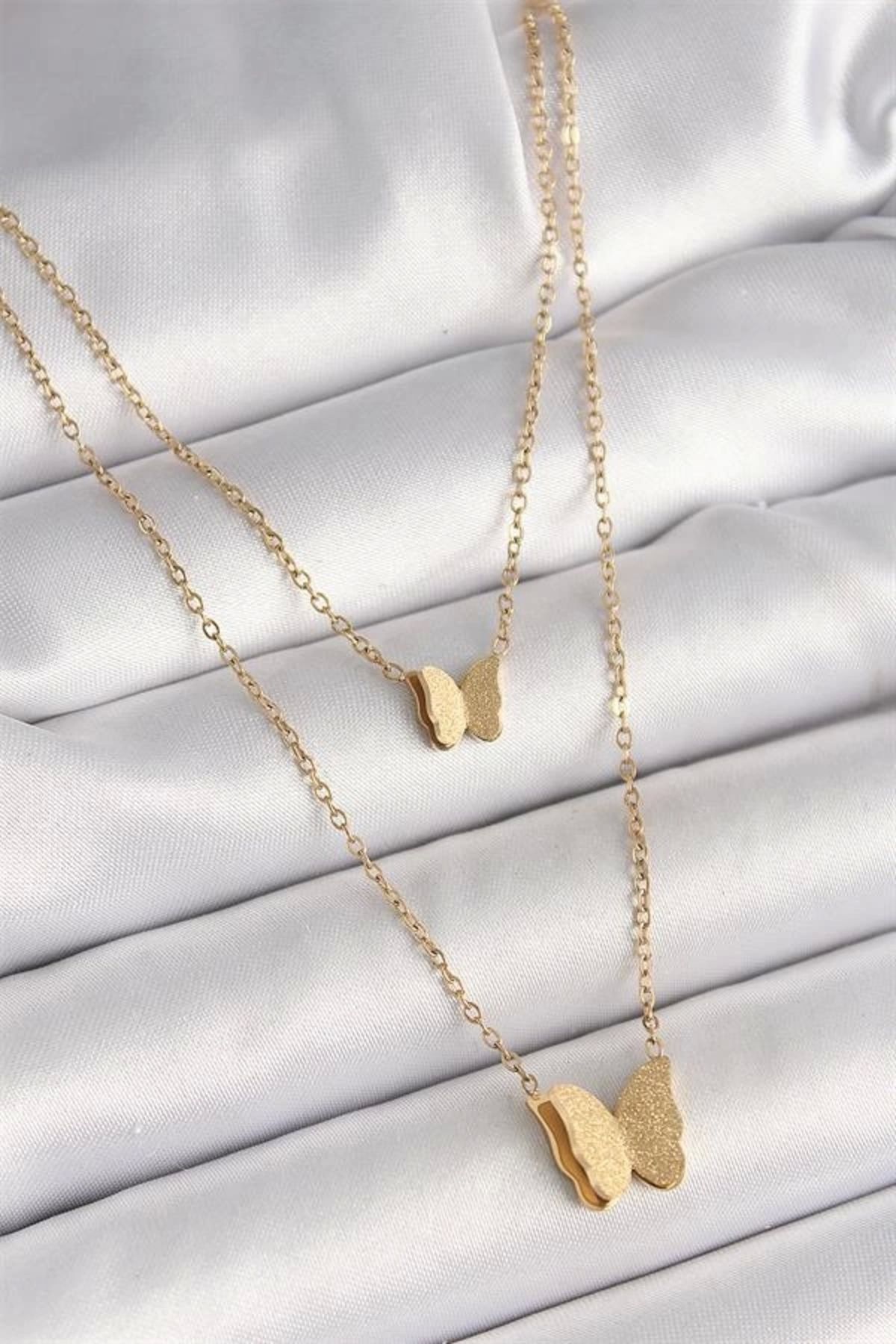 Lale Moda 316L Çelik Gold Renk 2'Li Simli Kelebek Model Kadın Kolye