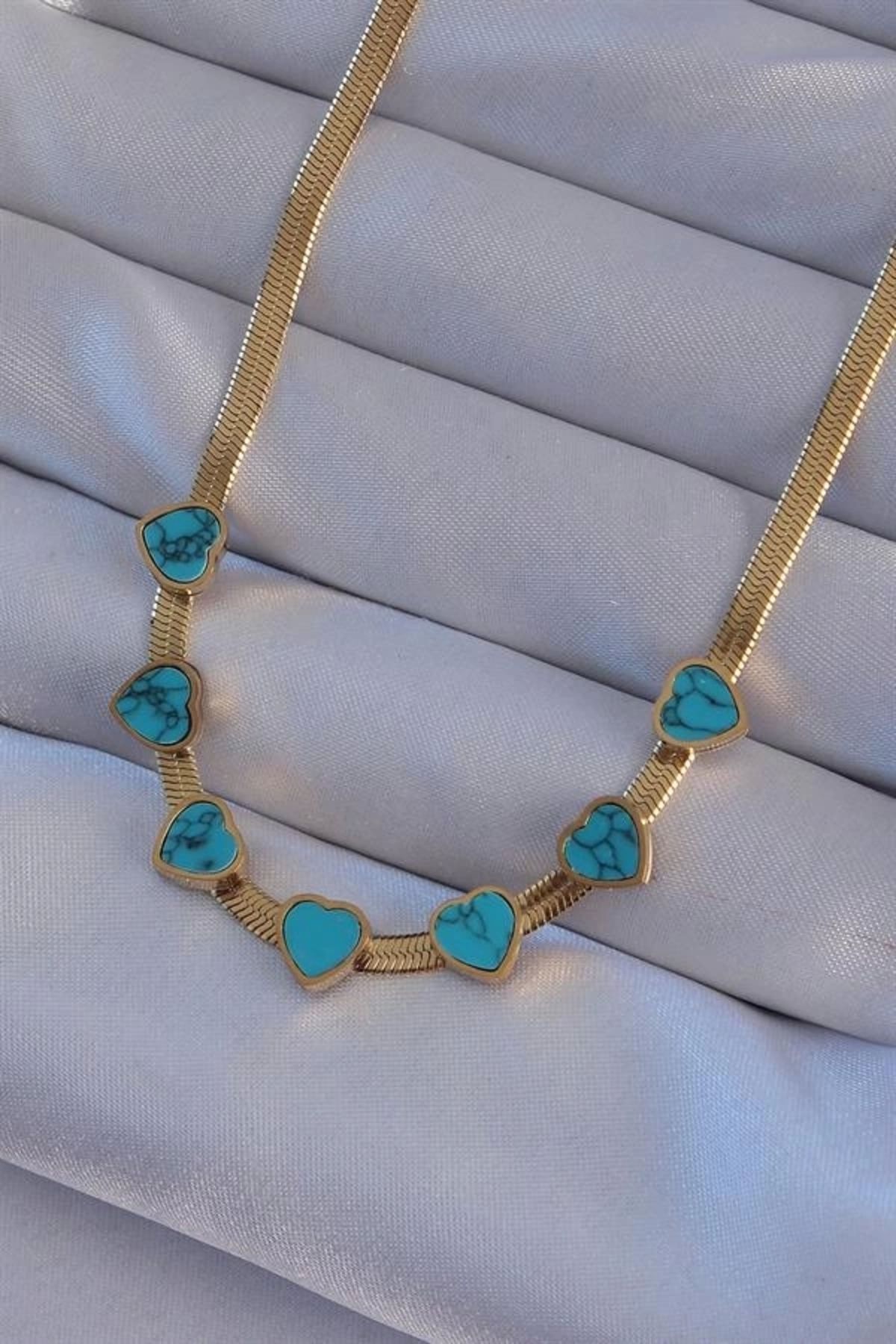 Lale Moda 316L Çelik Gold Renk İtalyan Zincir Mavi Mermer Desen Kalp Kolye