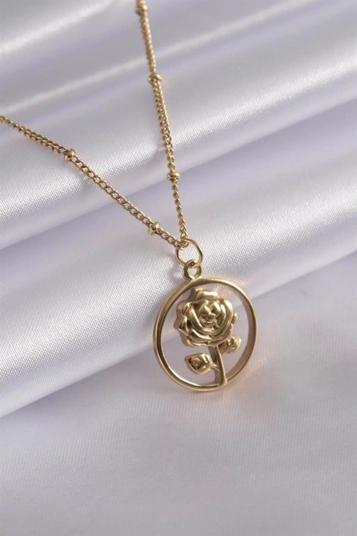 Lale Moda 316L Çelik Gold Renk Gül Figür Kadın Kolye
