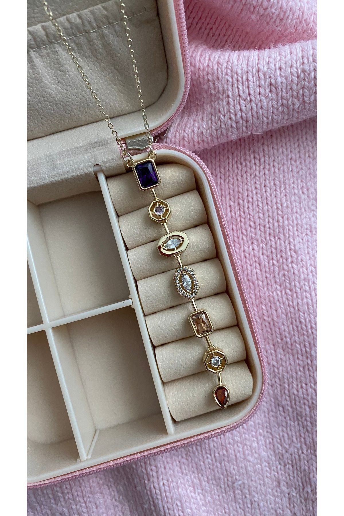 JEWELRY Çelik Altın Rengi Zirkon Taşlı Y Kolye