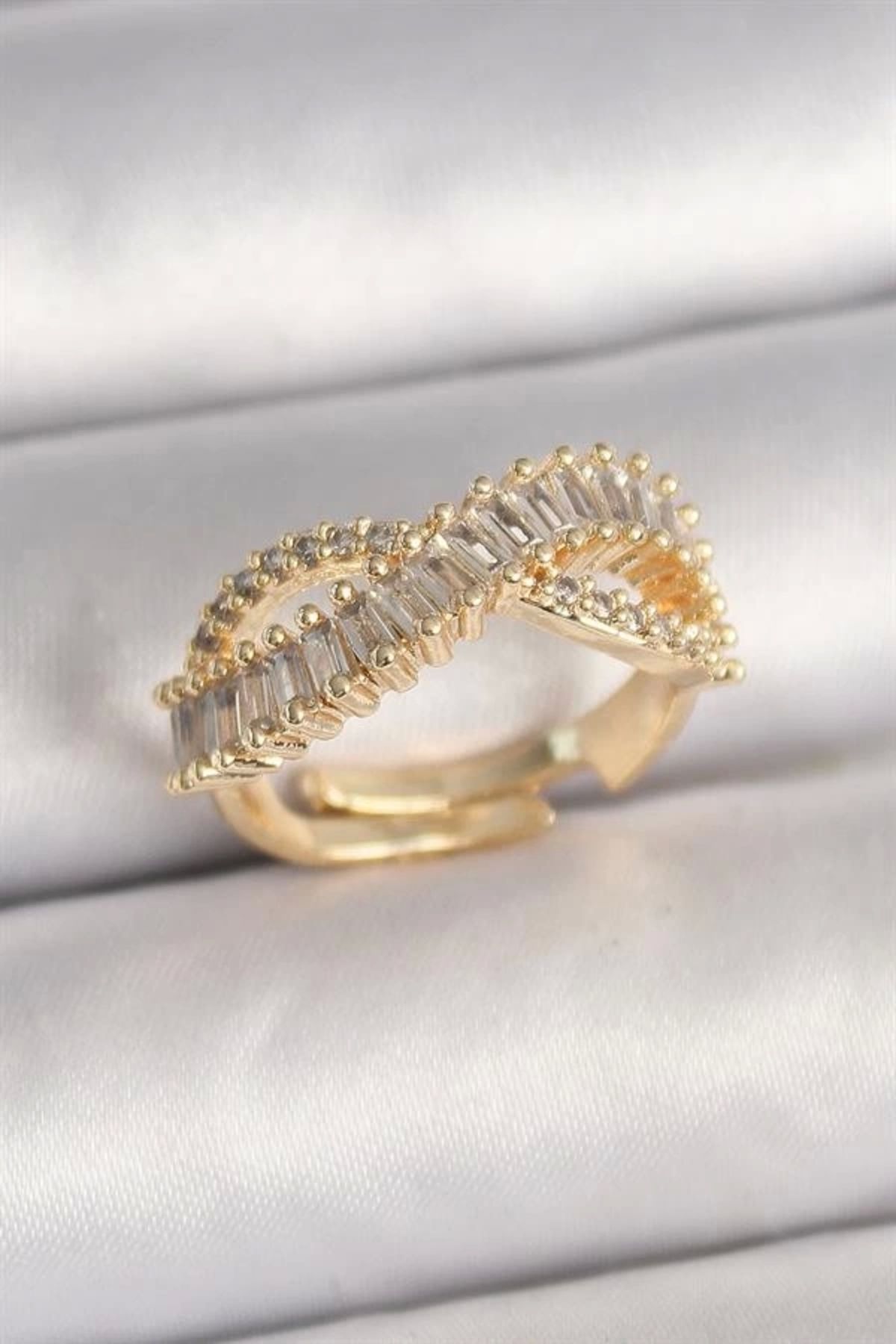Lale Moda Pirinç Gold Renk Su Yolu Zirkon Taşlı Sonsuzluk Model Ayarlanabilir Kadın Yüzük