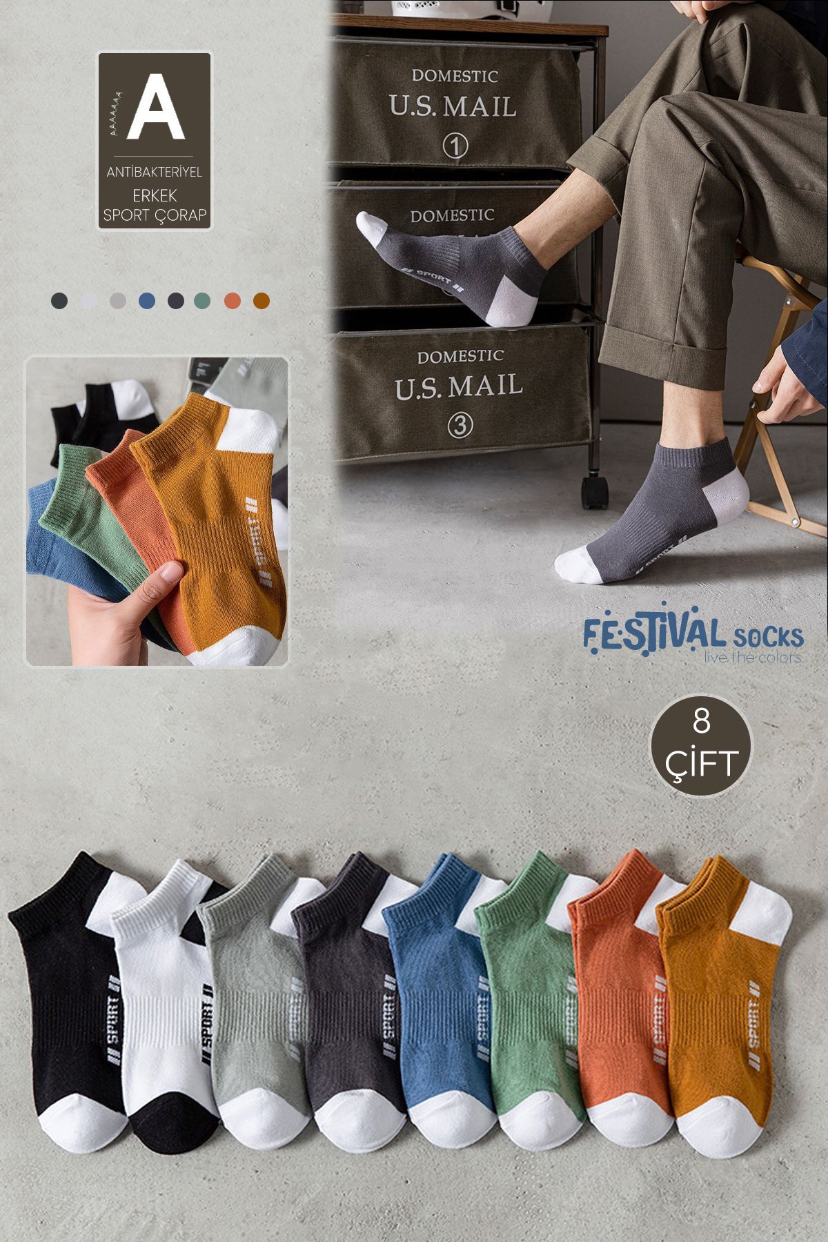 Festival Socks 8 Çift Erkek Sport Patik Çorap Seti (Terletmez)