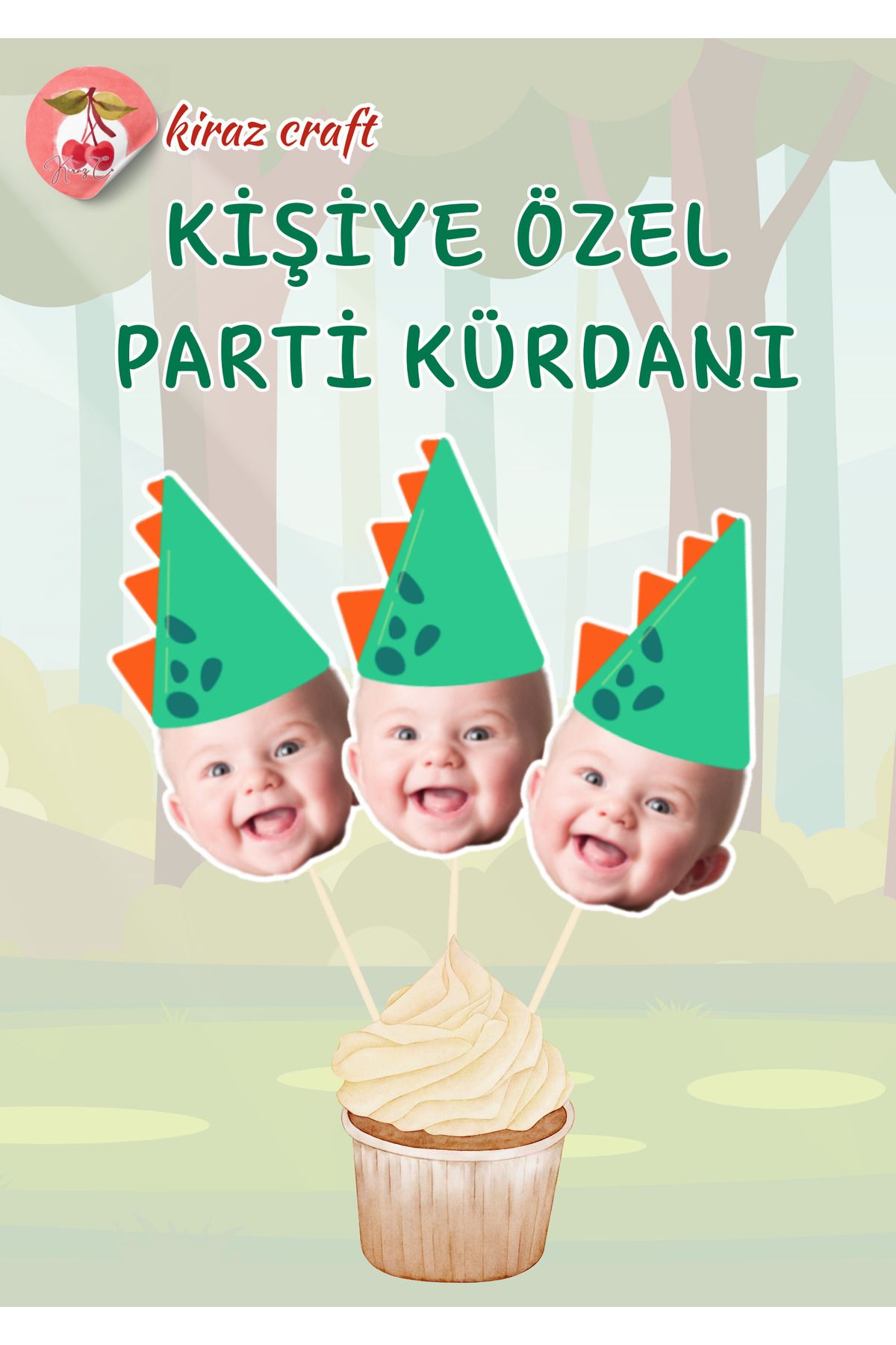 Kiraz Craft Kişiye Özel Parti Şapkası Temalı Parti Kürdanı- Cupcake Kürdanı 10 Adet Pasta Süsü
