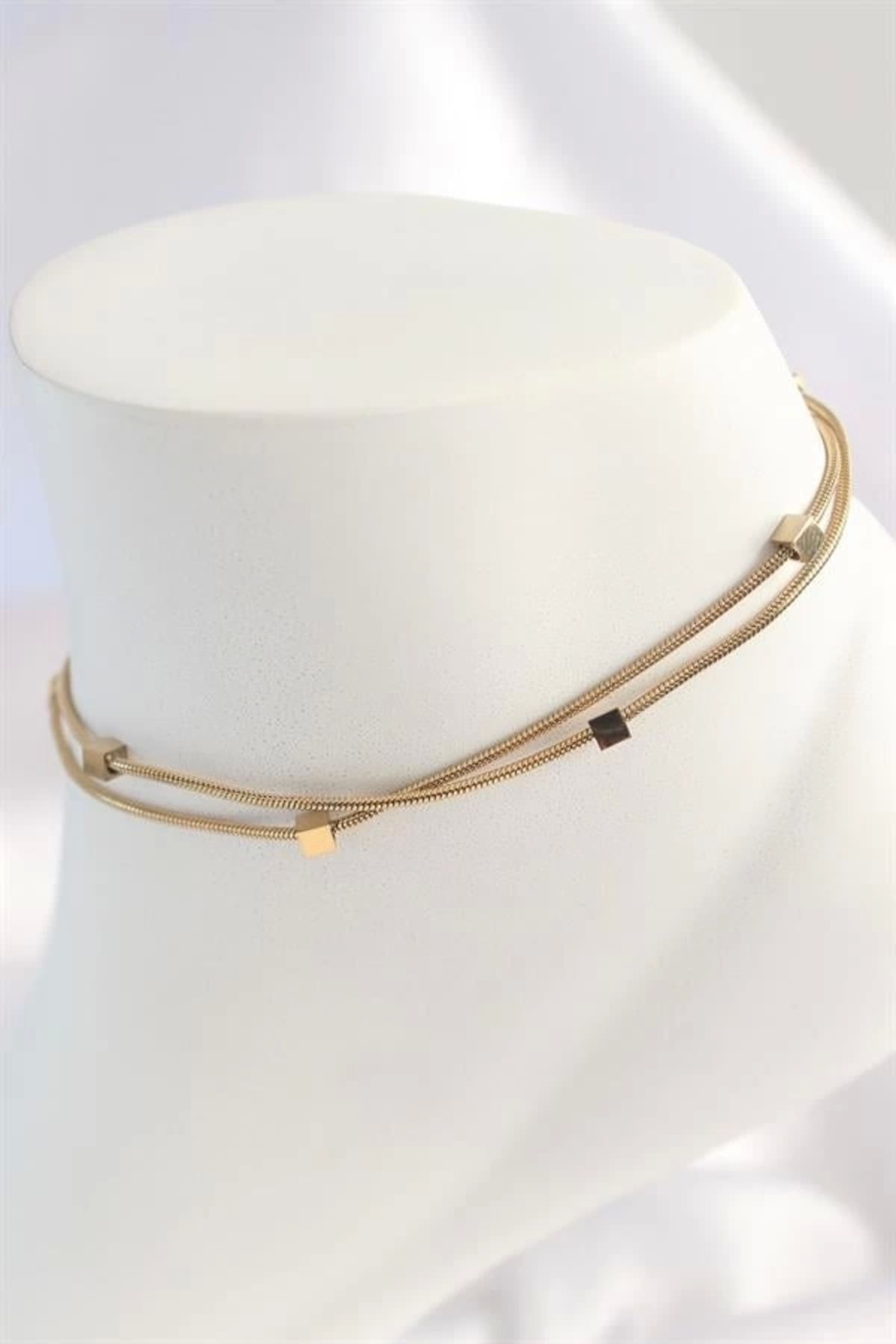 Lale Moda 316L Çelik Gold Renk 2'li Minimal Kare Model Kadın Halhal