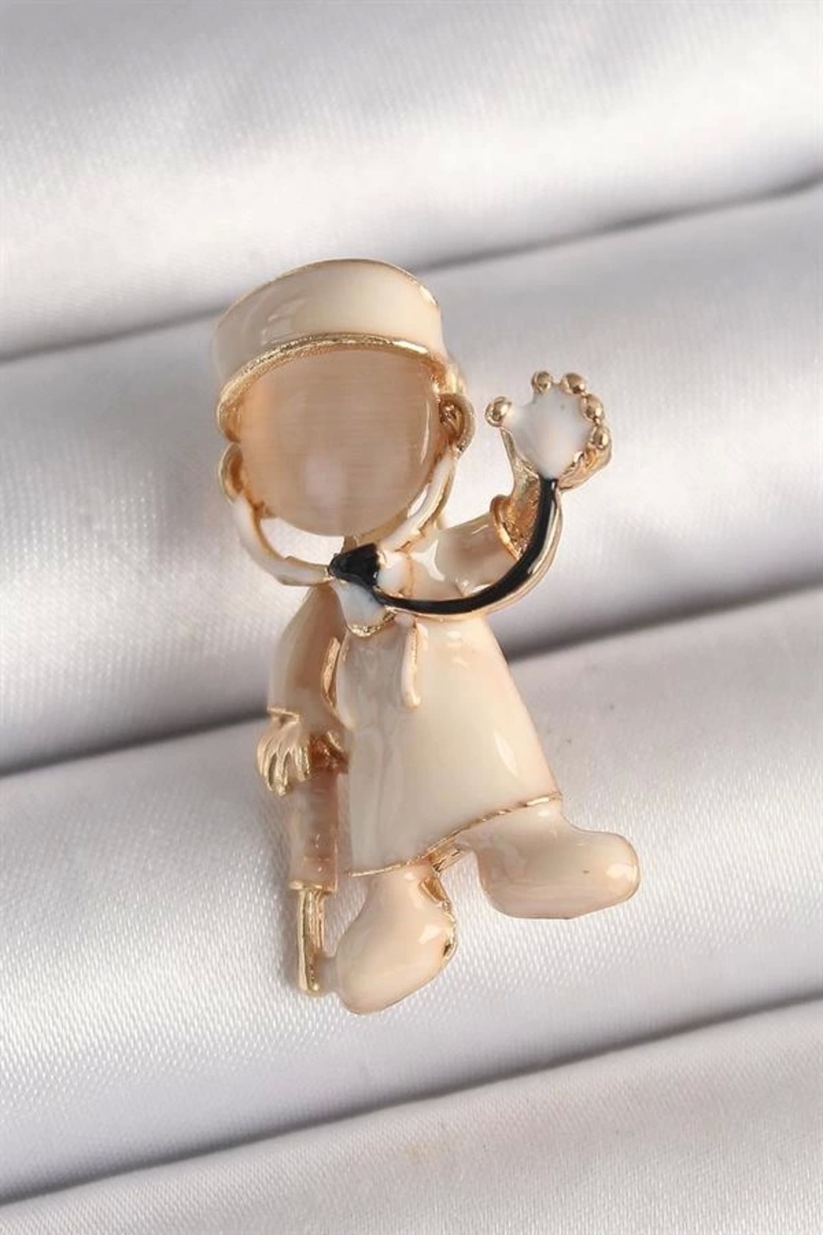 Lale Moda Pirinç Gold Renk Beyaz Mineli Doktor Model Kadın Broş