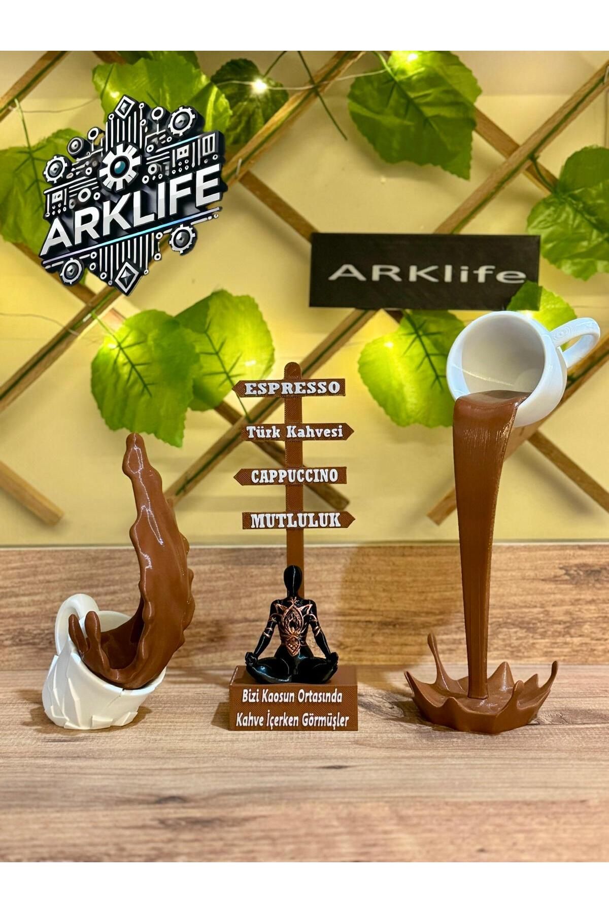 ARKlife 3D Electronic 3'lü Set Özel Tasarım Kahve Tabelası Yoga Detaylı Beyaz Renkli Kırılan Ve Dökülen Kahve Fincanı