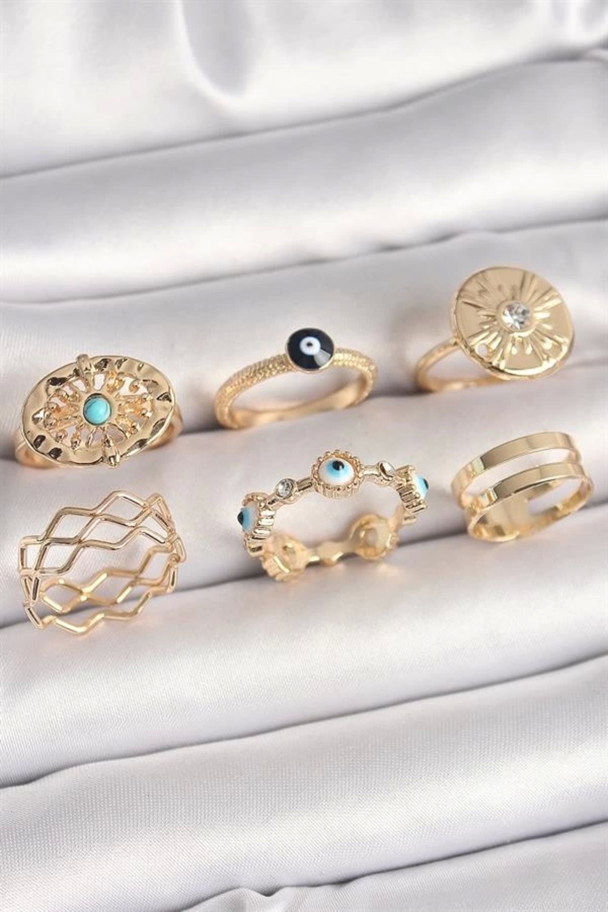 Lale Moda Pirinç Gold Renk Mavi Taşlı Zirkon Taş Detaylı Dalga Model Kadın Yüzük Kombini