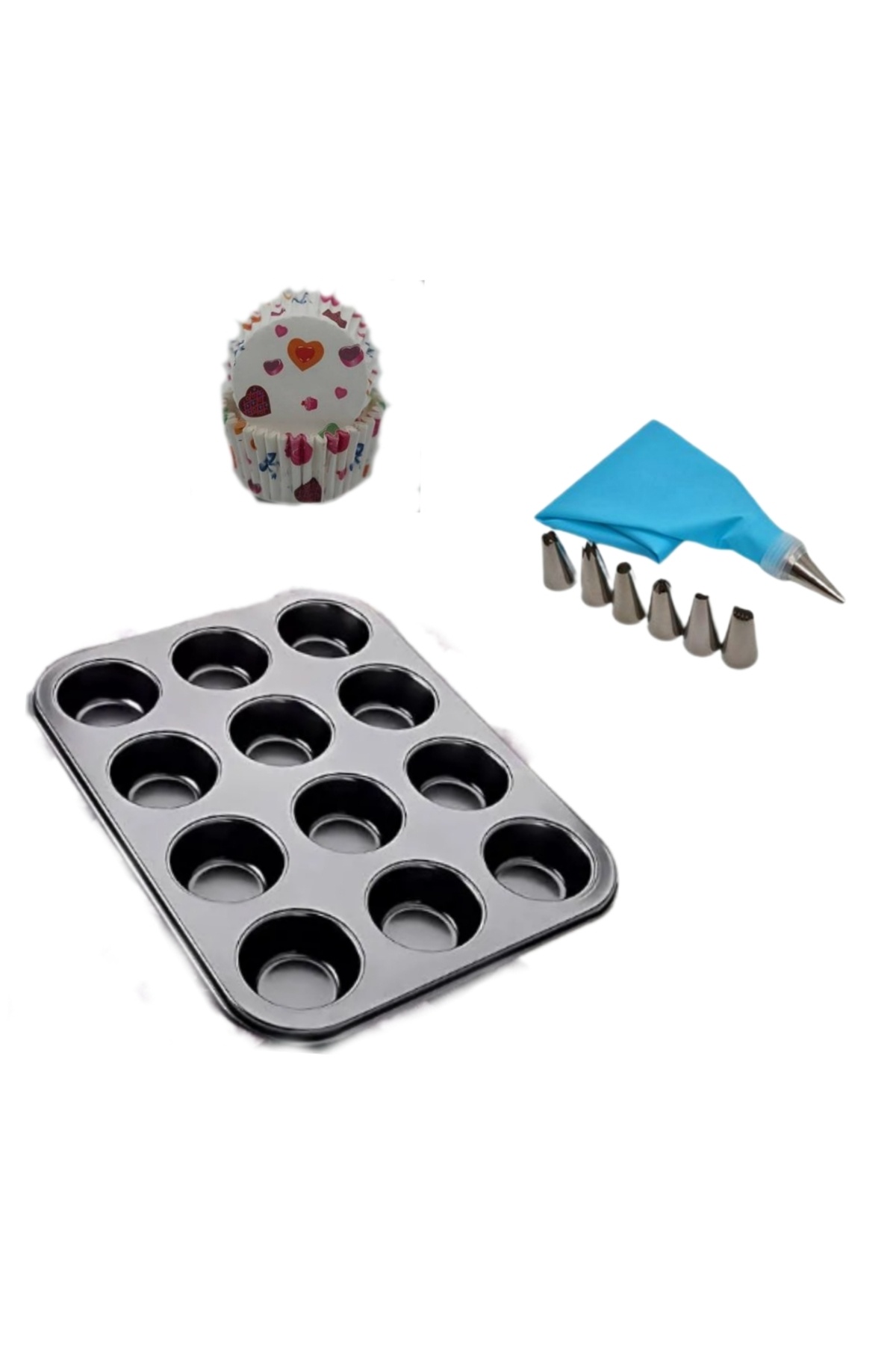 Ceylan Storee 12'Li Yapışmaz Muffin Kek Kalıbı/ Muffin Kalıbı/ + Muffin Kağıdı (100 Adet)+Krema Sıkma Torbası