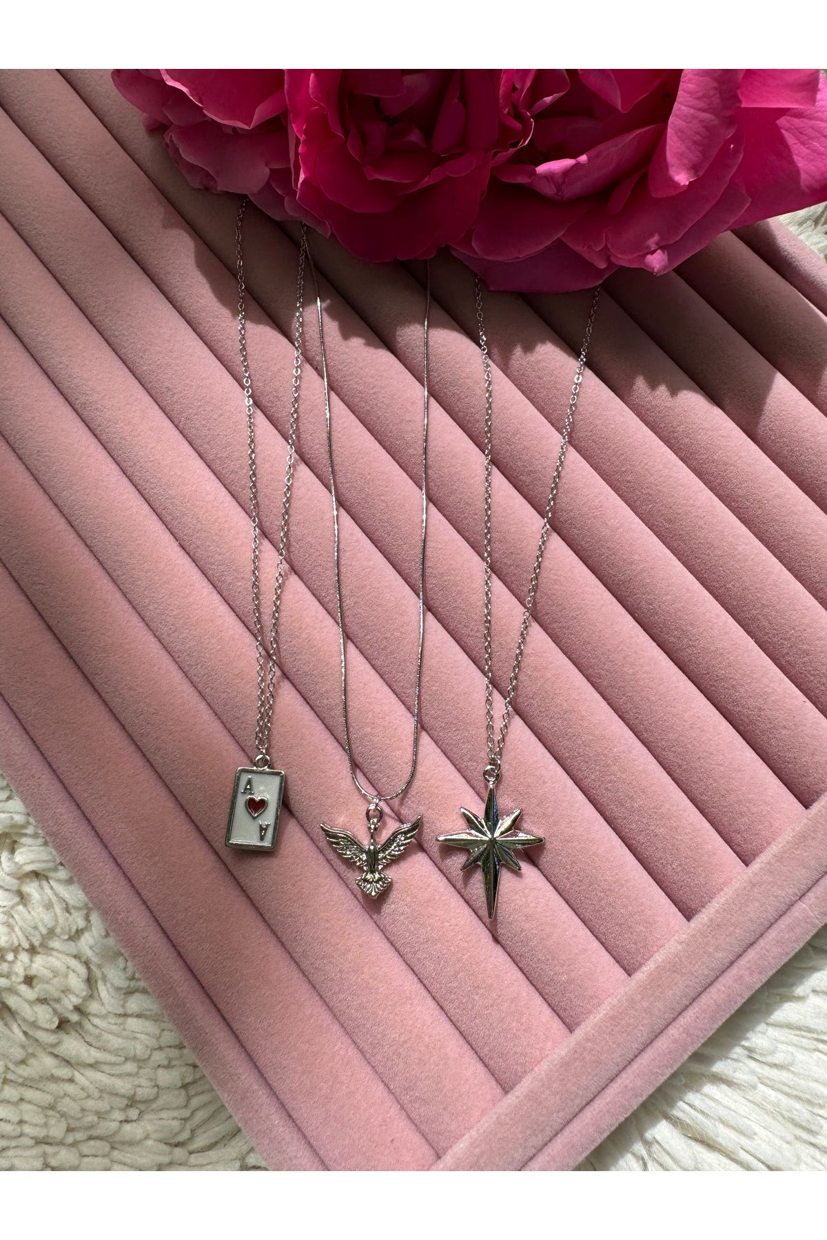 Gleemy accesories Rodyum kaplama ince zincir ile as maça,anka kuş,kuzey yıldız kolye set