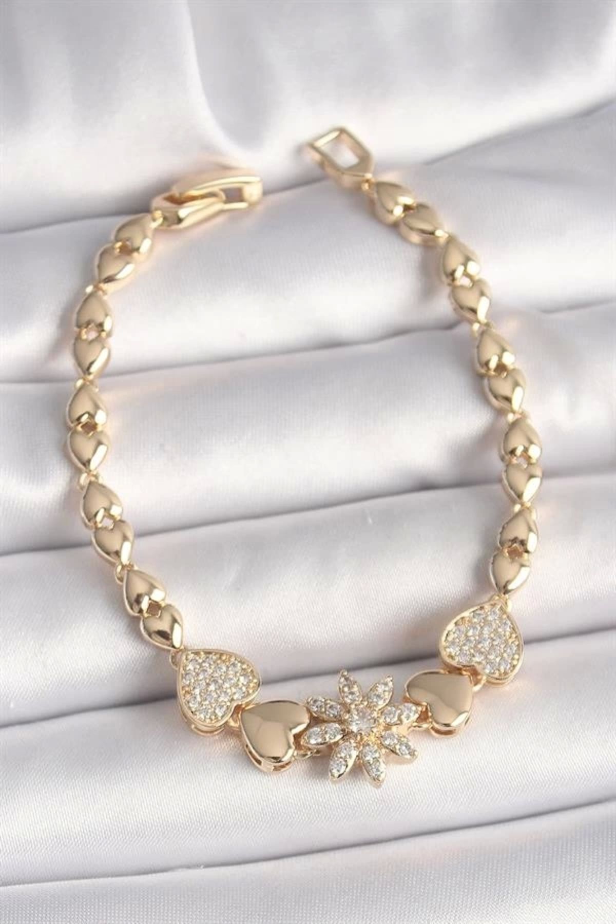 Lale Moda Pirinç Gold Renk Zirkon Taşlı Çiçek Figür Kalp Zincir Model Kadın Bileklik