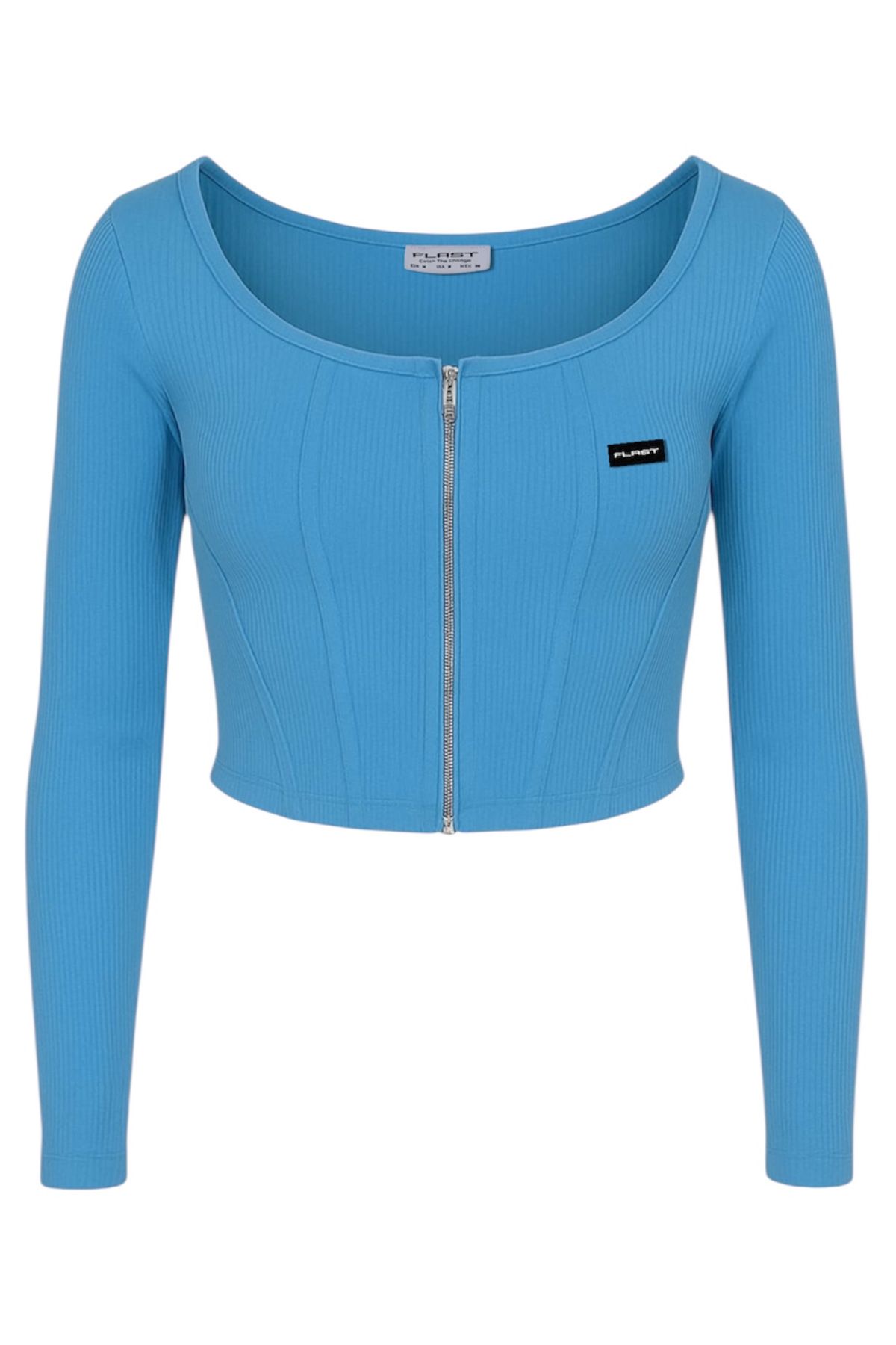 FLAST Kadın Mavi Fermuarlı Uzun Kollu Klei Ribana Organik Pamuk Kumaş Crop Jakob Top Bluz