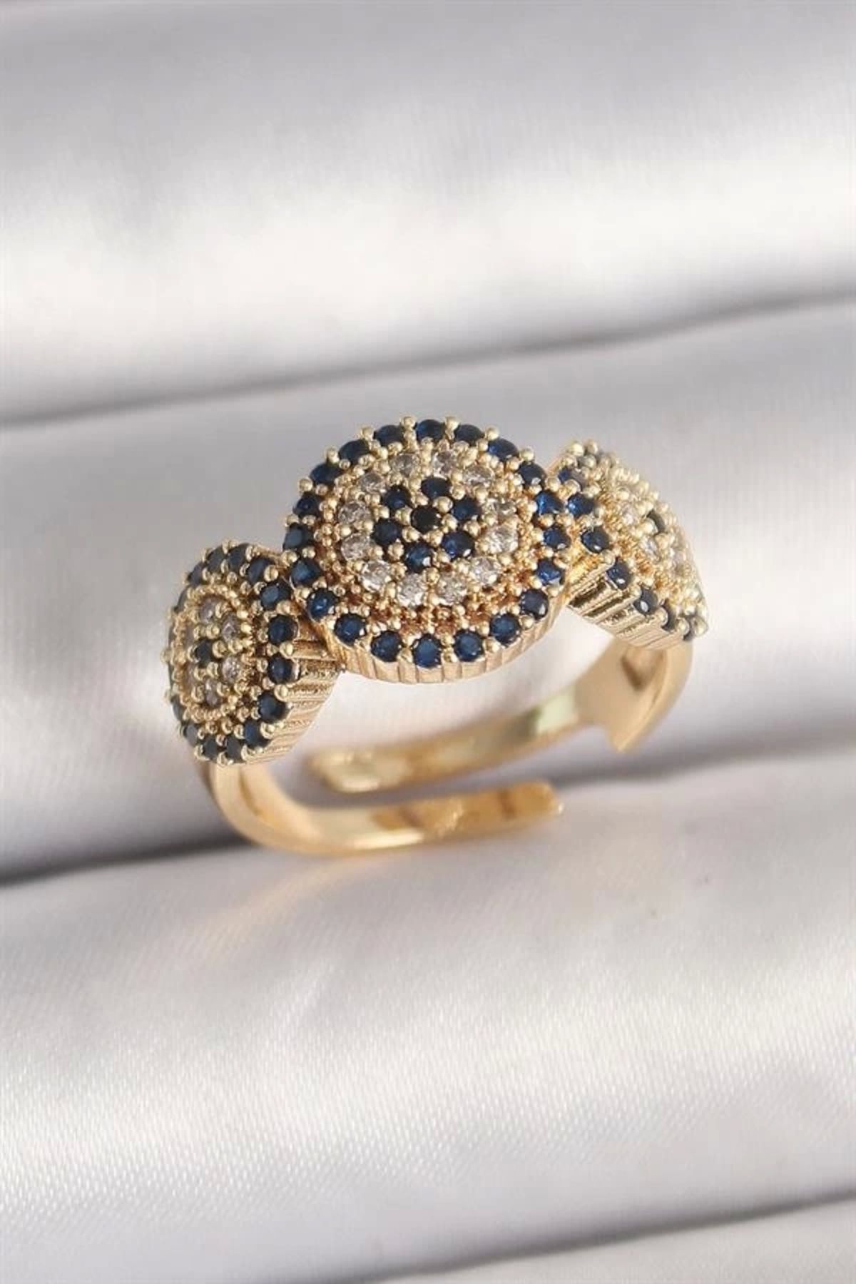 Lale Moda Pirinç Gold Renk Zirkon Taşlı Nazar Boncuk Model Ayarlanabilir Model Kadın Yüzük