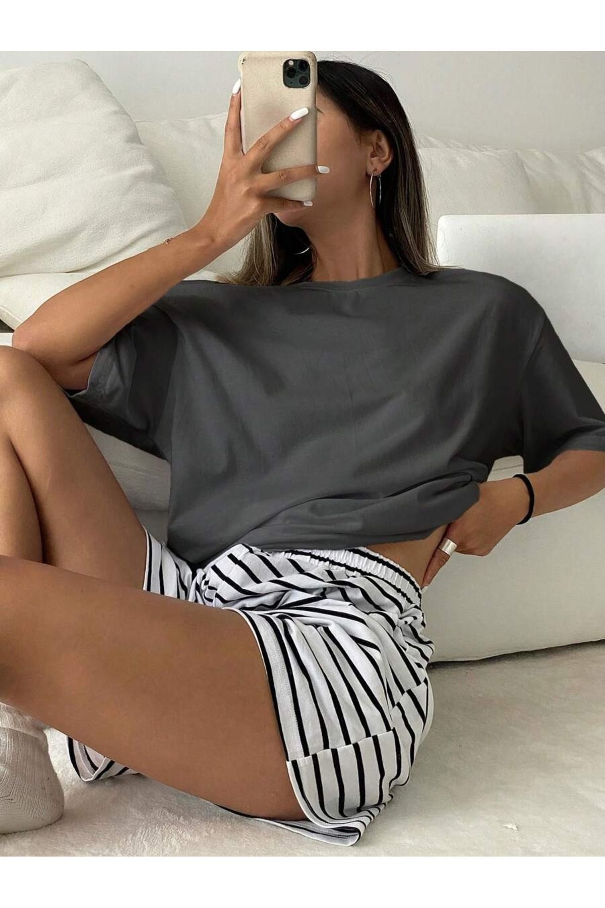 OVER HEAD Kadın Çizgili Şortlu Düz Pijama Takımı