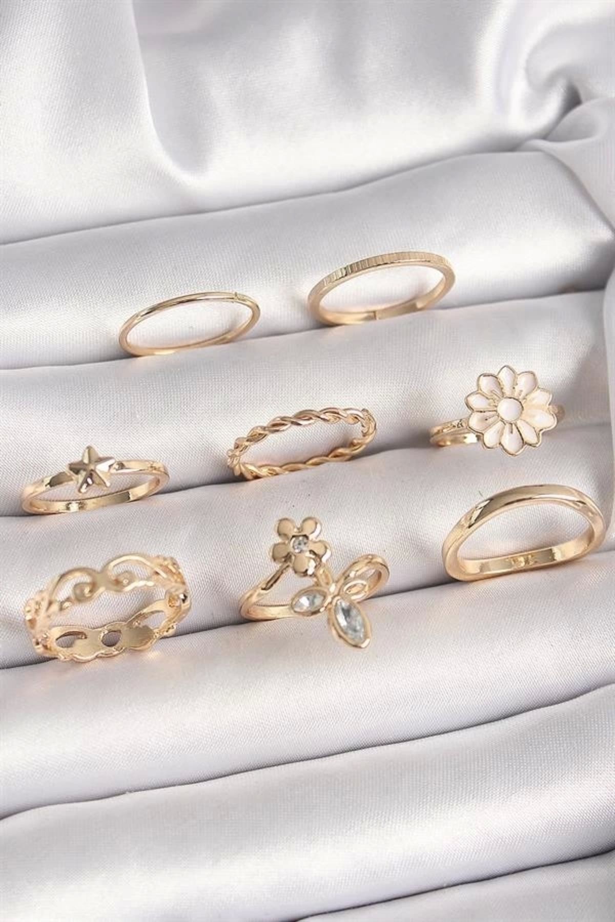 Lale Moda Pirinç Gold Renk Çiçek Model Zirkon Taş Detay Kadın Yüzük Kombini