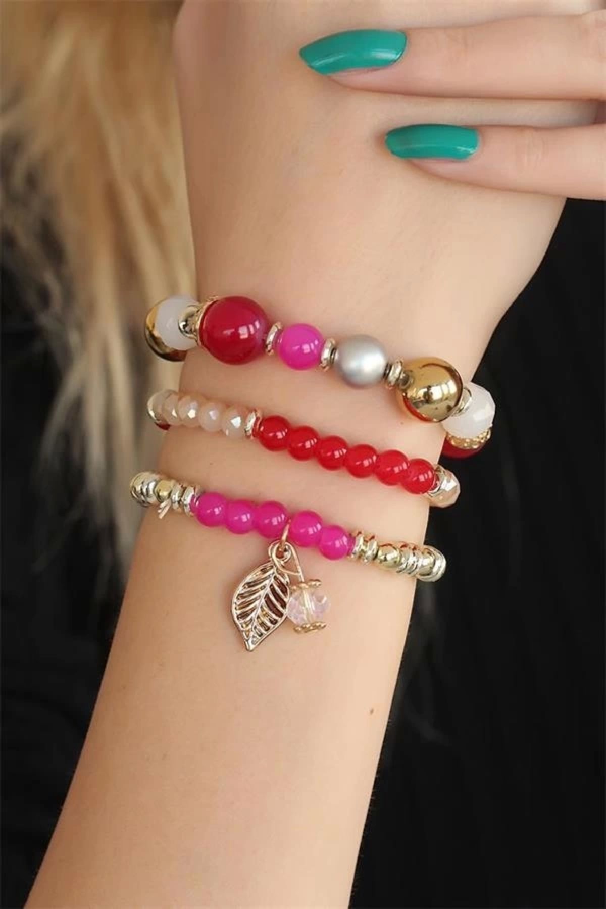 Lale Moda Kırmızı Pembe Boncuklu Bileklik