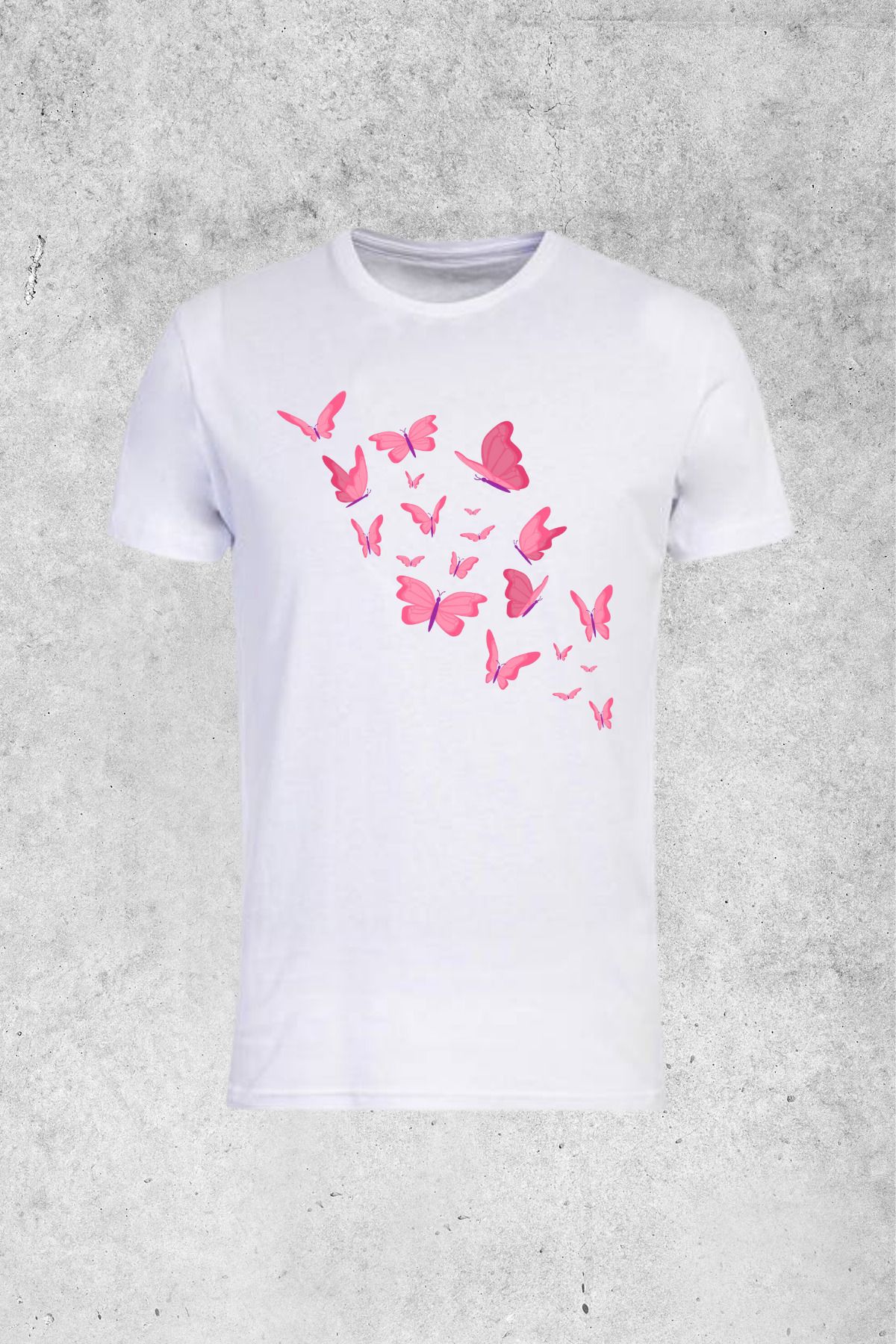 MOLICO Basic unisex sıfır yaka kısa kollu PEMBE KELEBEK baskılı tshirt