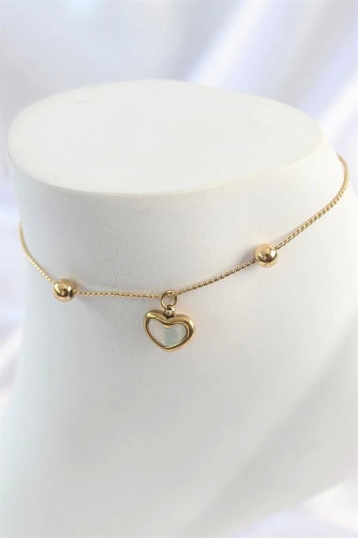 Lale Moda 316L Çelik Gold Renk Sallantı Mineli Kalp Figür Topçuk Detay Kadın Halhal