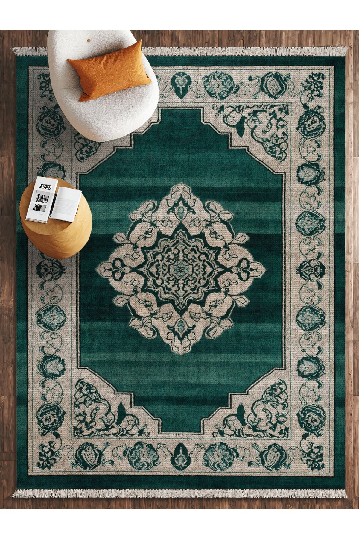 HALIZZON Zümrüt Yeşili Saray Desenli Halı Sofistike Lüks Dijital Baskı Halı