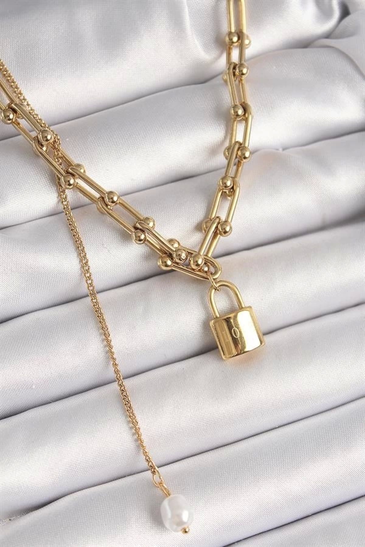 Lale Moda 316L Çelik Gold Renk Tiffany Zincir Model Kilit Figür Sallantı İnci Detay Kadın Kolye