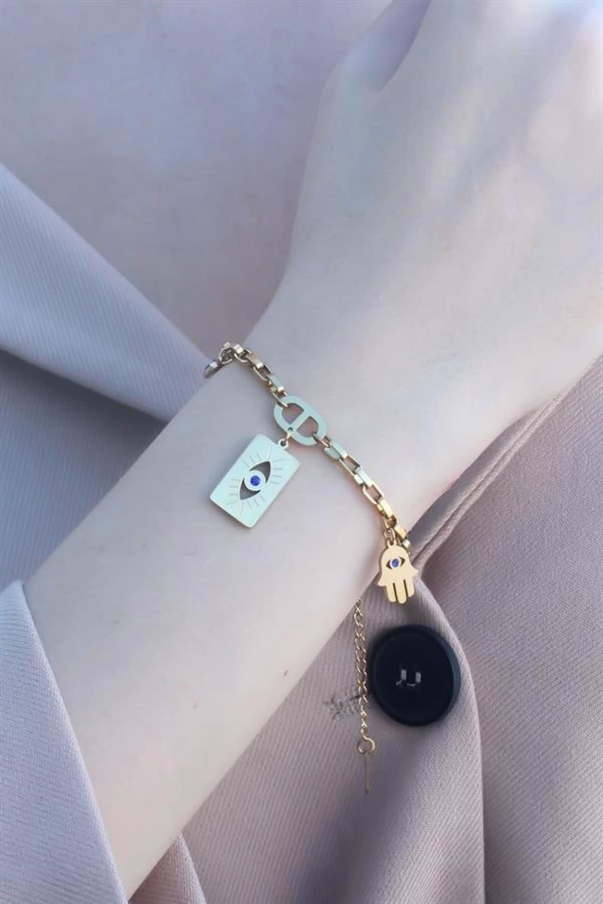 Lale Moda 316L Kararmaz Çelik Gold Renk Göz ve Fatma Ana Eli Kadın Bileklik