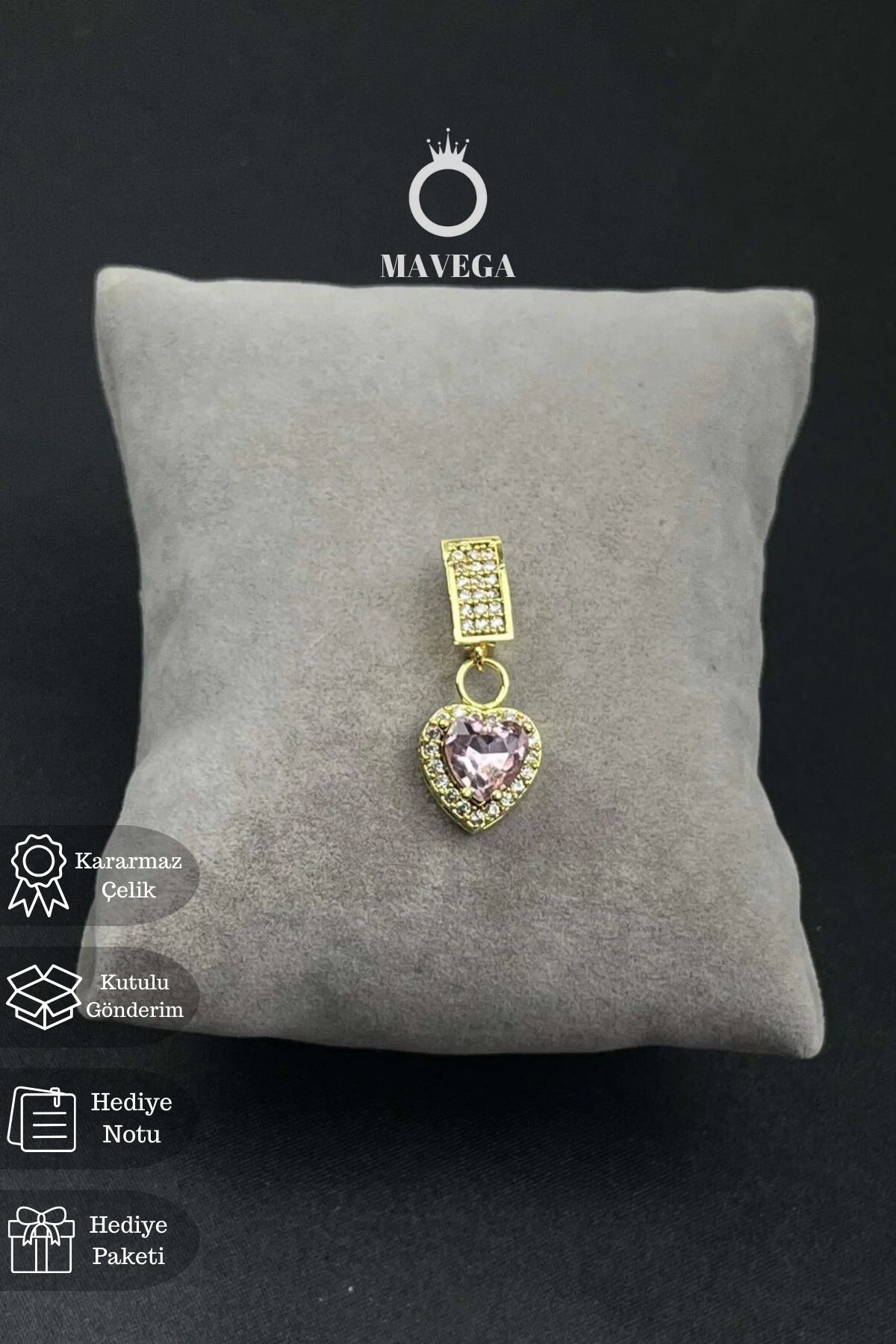 MAVEGA Zirkon Kalp Model Ajda Bilezik Charm | Kararmaz Çelik, Zirkon Taş, Altın Renk