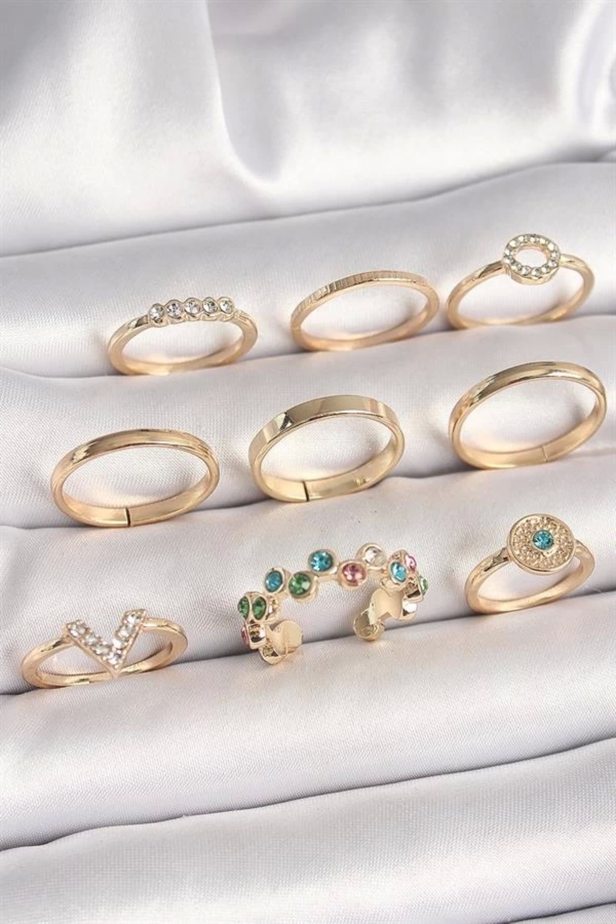 Lale Moda Pirinç Gold Renk Renkli Zirkon Taşlı Kadın Yüzük Kombini