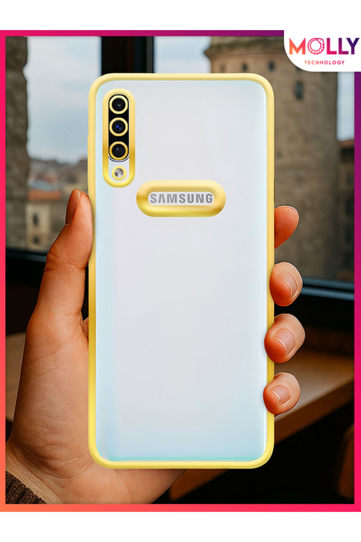 Molly Samsung Galaxy A50 İçin Kenarları Gold Lens Koruyuculu Lou Lazer Şeffaf Silikon Kılıf