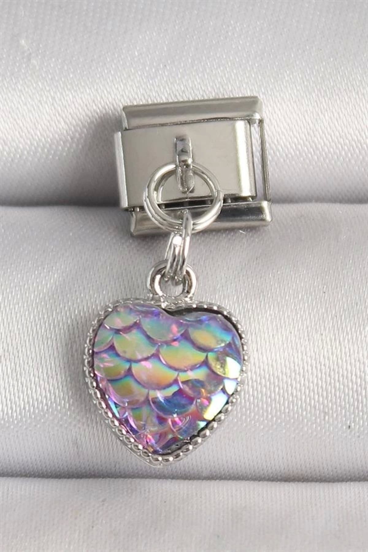 Lale Moda 316L Çelik Gümüş Renk Mor Pullu Kalp Model Nomination Charm
