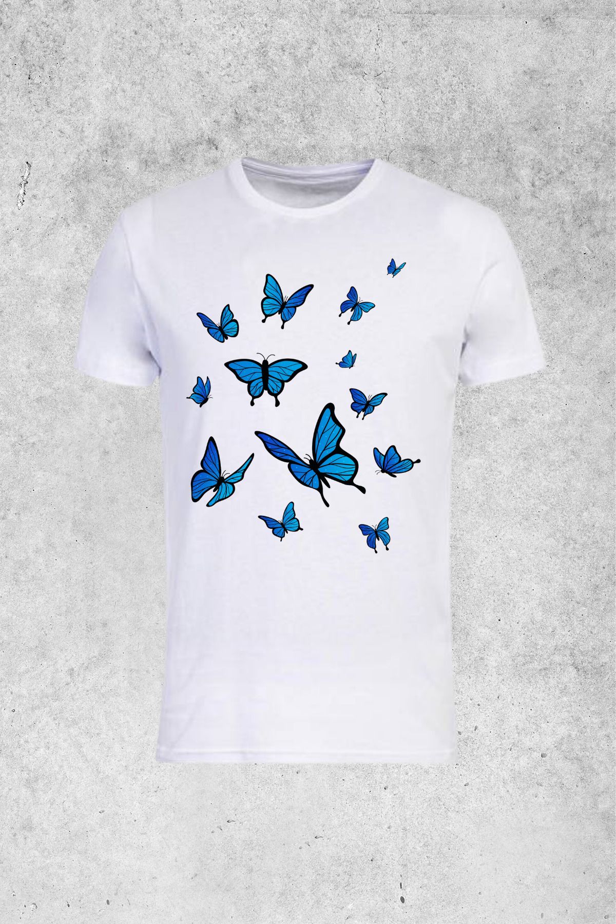 MOLICO Basic unisex sıfır yaka kısa kollu MAVİ KELEBEK baskılı tshirt