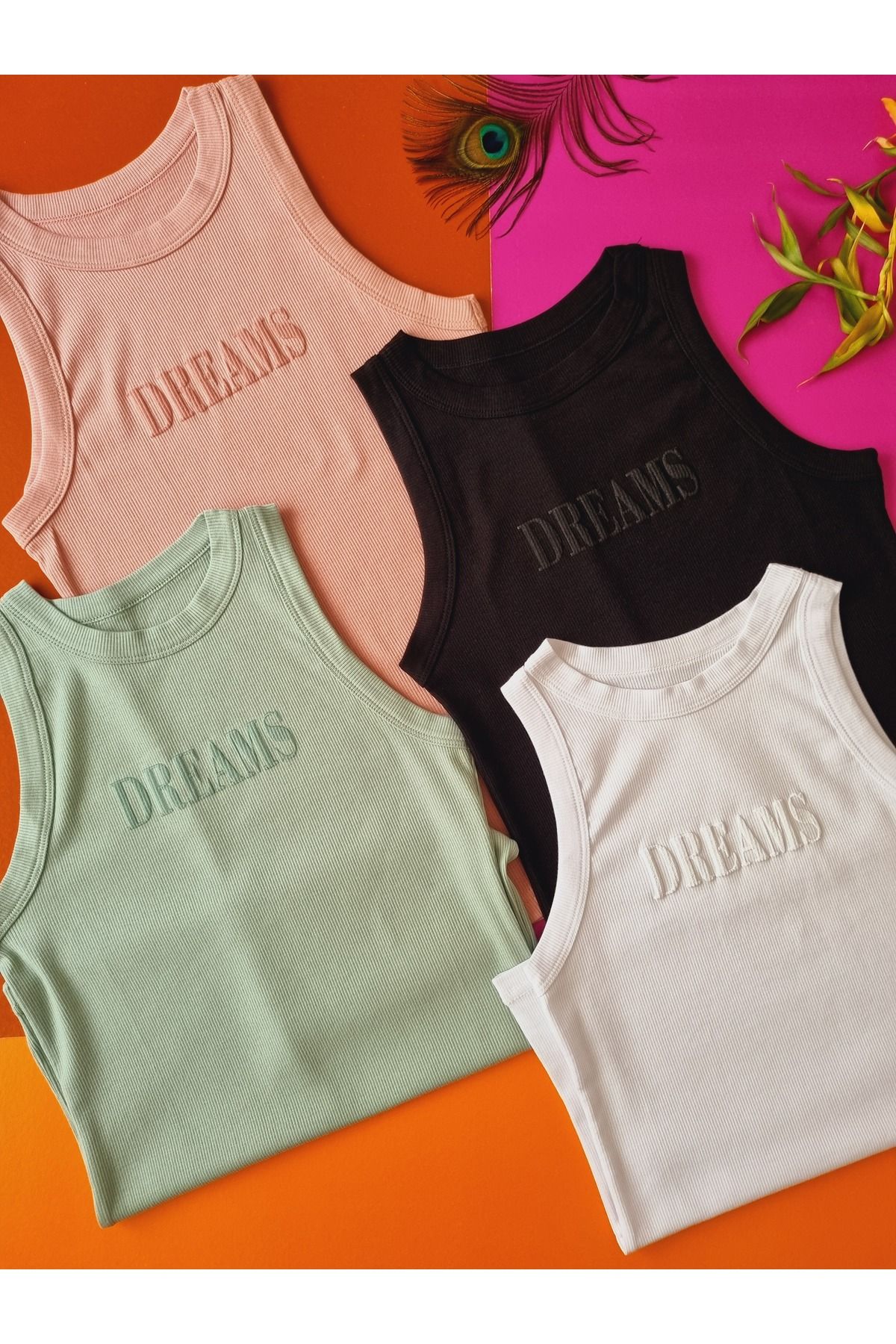 Demirsa Boutique Halter Yaka 4'lü Pudra, Yeşil, Siyah ve Beyaz Renk Modal Kaşkorse Kadın Atlet