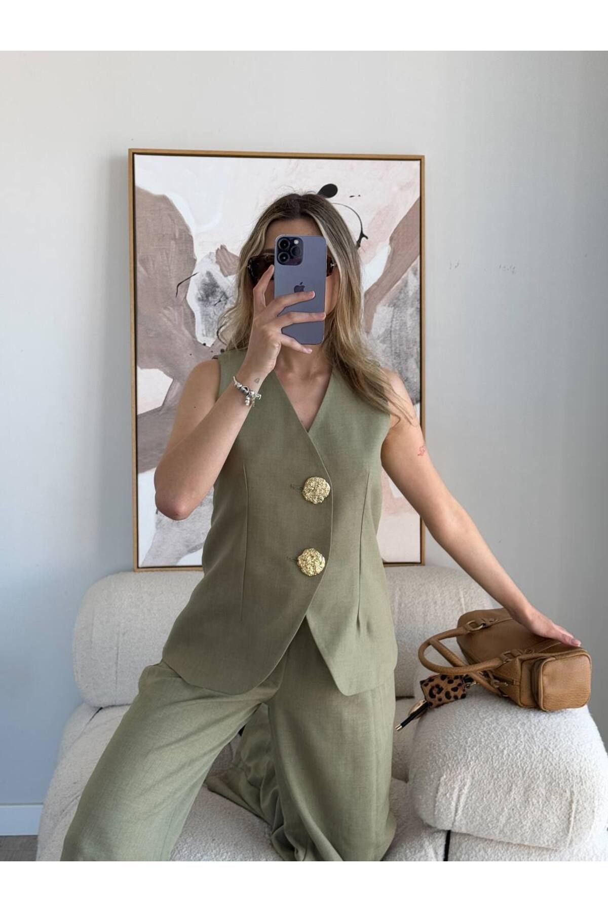 ELİFLEMODA Gold düğmeli keten ikili alt üst takım