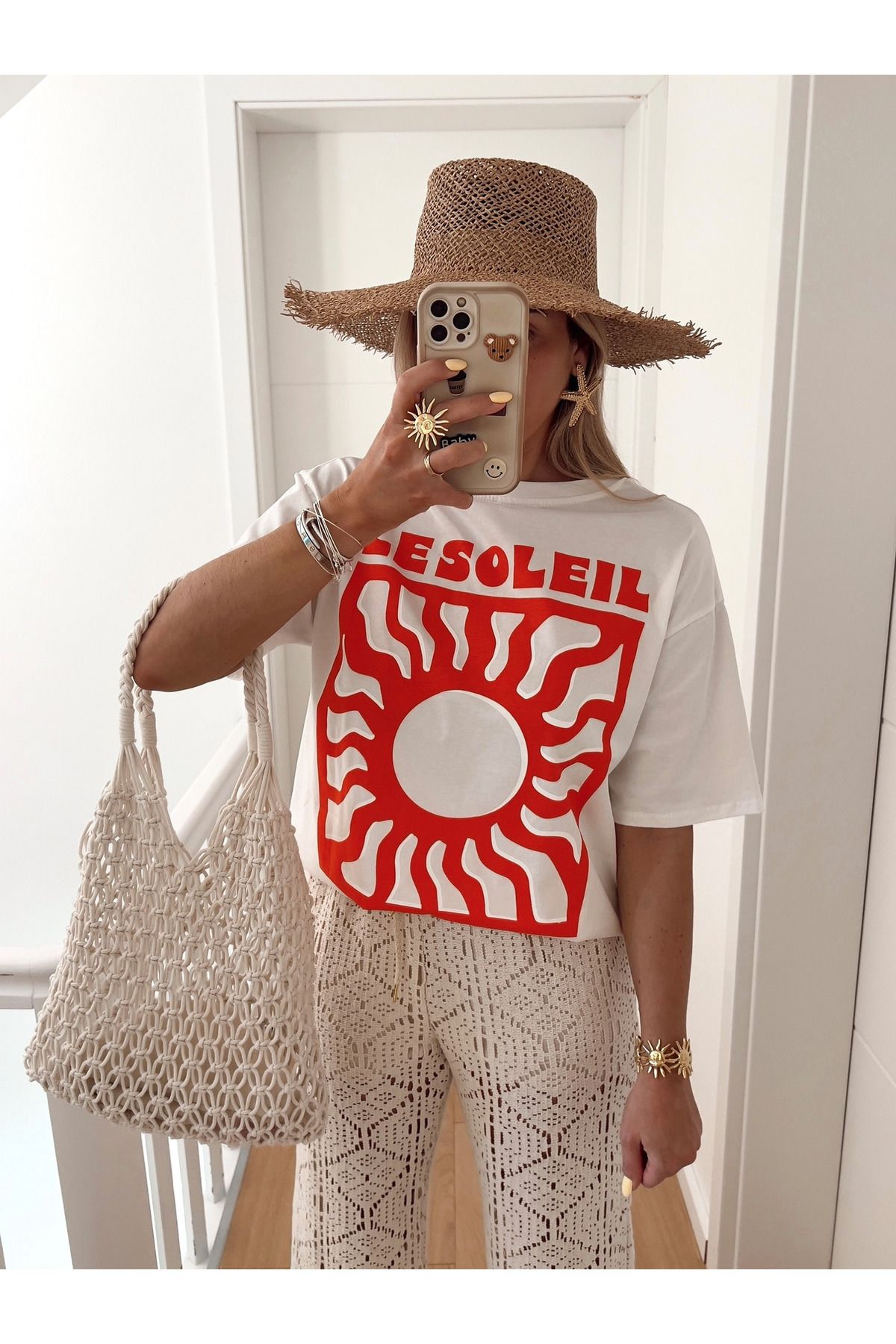Jose Clothing Beyaz Premium Soleil Serisi Oversize Kesim Organik Pamuk Kısa Kollu Baskılı T-shirt