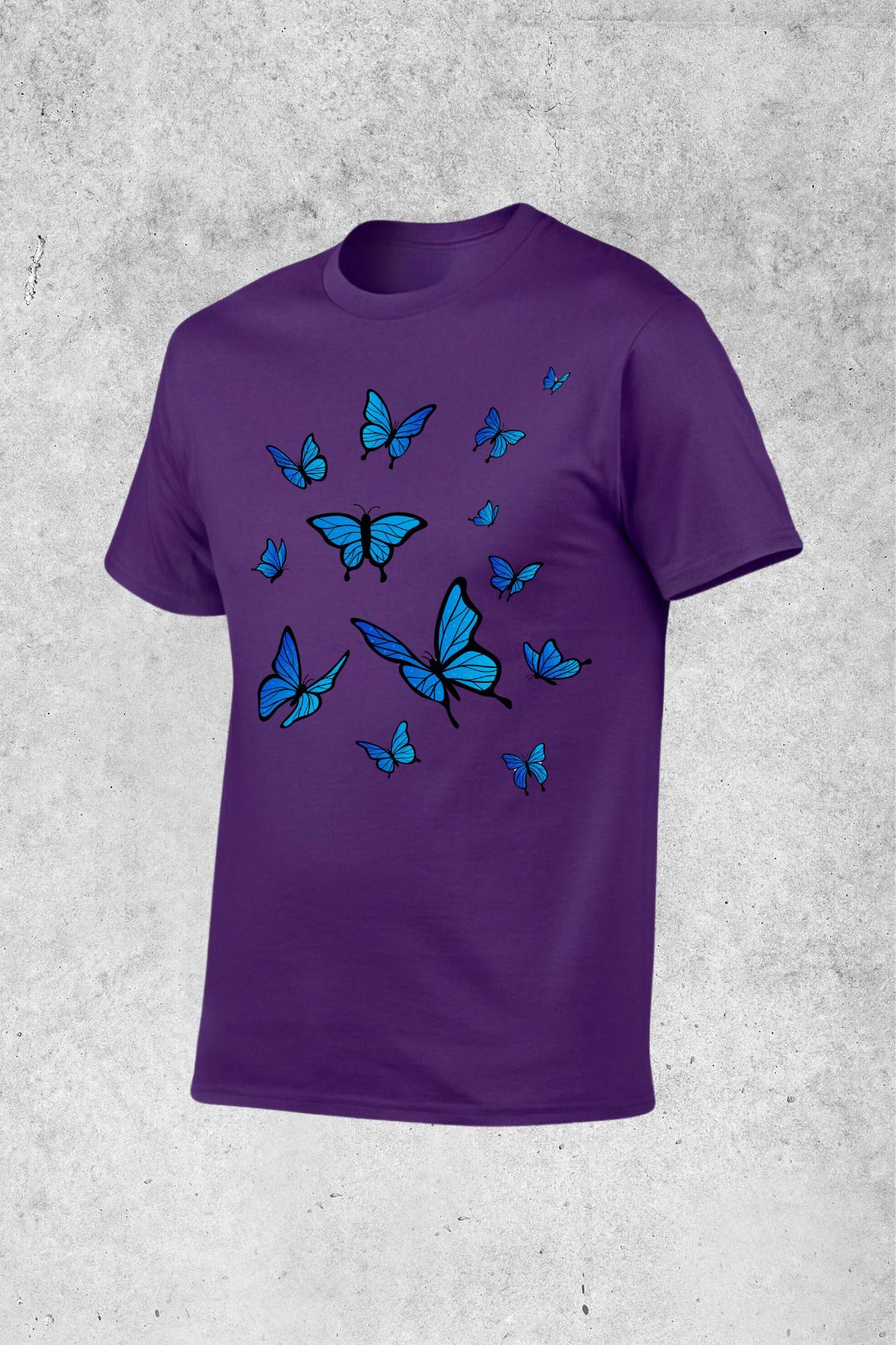 MOLICO Basic unisex sıfır yaka kısa kollu MAVİ KELEBEK baskılı tshirt