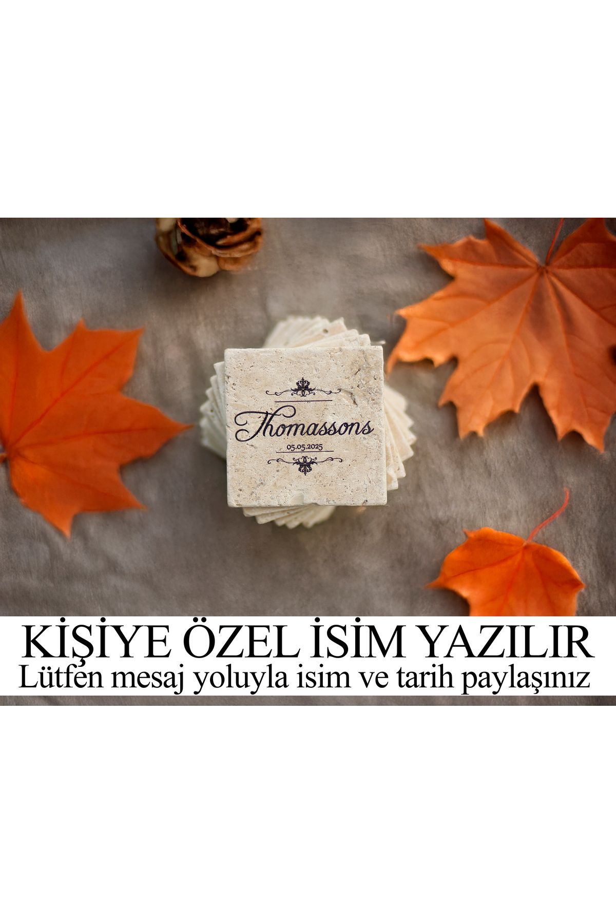 marbelix Kişiselleştirilen 6'lı Set Silva Traverten Bardak Altlığı #2 - 10cm - Mesajla İsim ve Tarih Belirtin