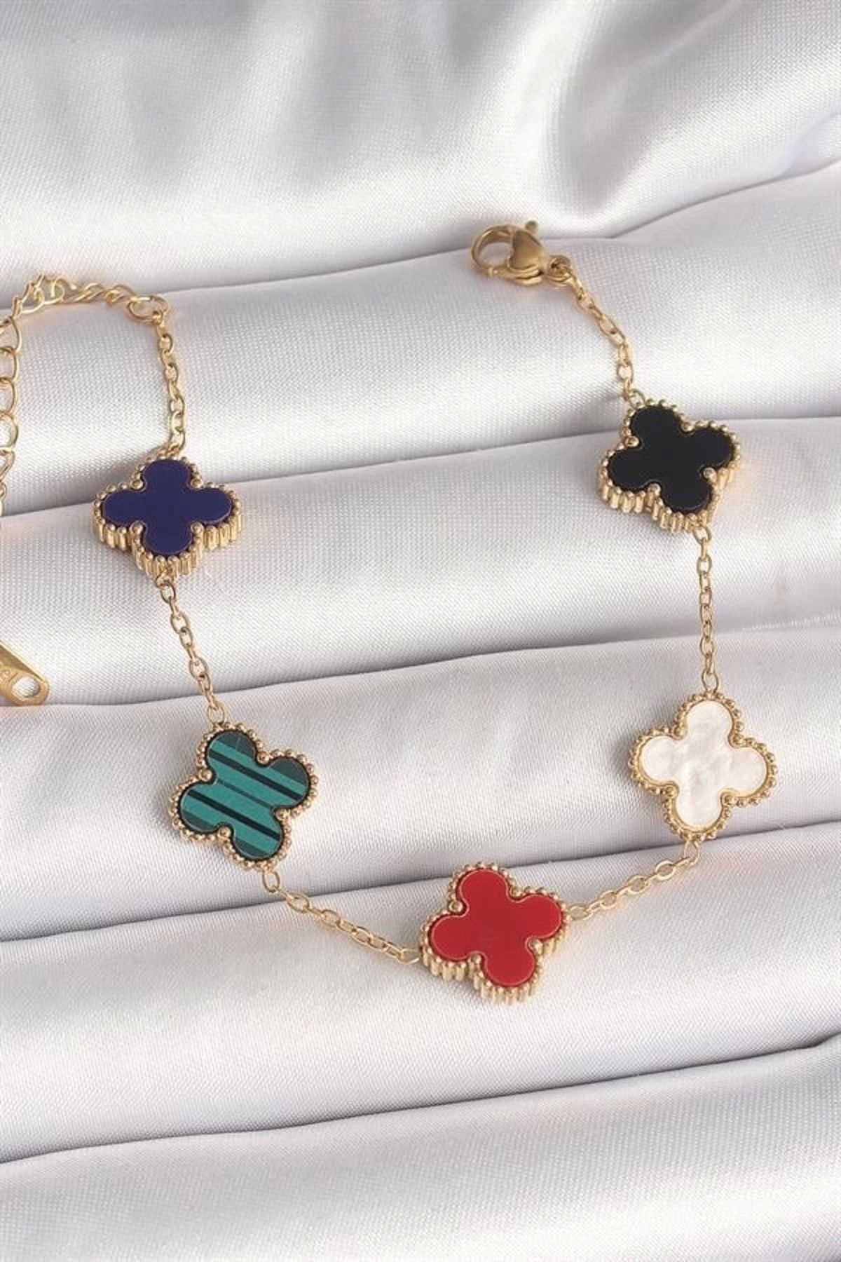 Lale Moda 316L Çelik Gold Renk Mix Renkli Yonca Model Kadın Bileklik