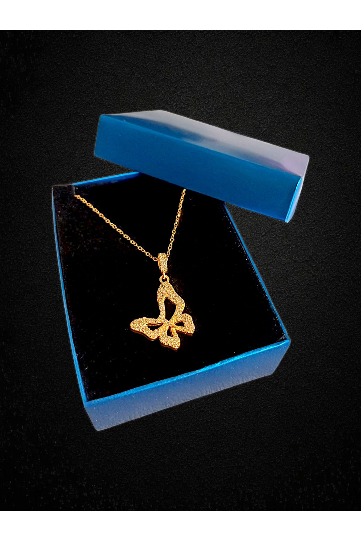 anonim Zirkon Taşlı Kelebek Motifli Gold Renk Paslanmaz Kararmaz Çelik Kolye - Şık Hediye Kutulu
