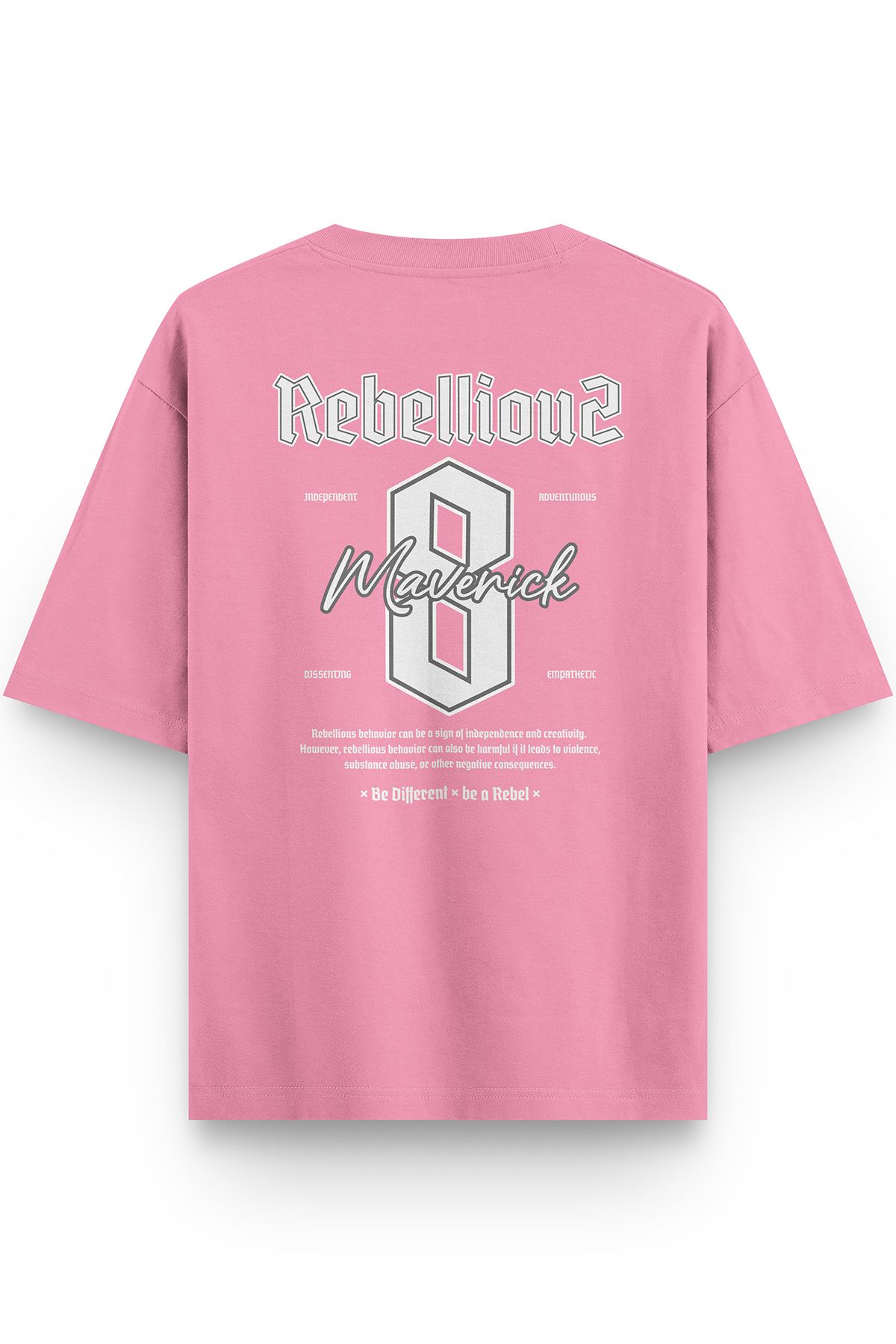 Overoz Pembe Yarı Oversize Tshirt Maveric 8 Yazılı Baskılı Oversize Yazılı Unisex Tişört 1385