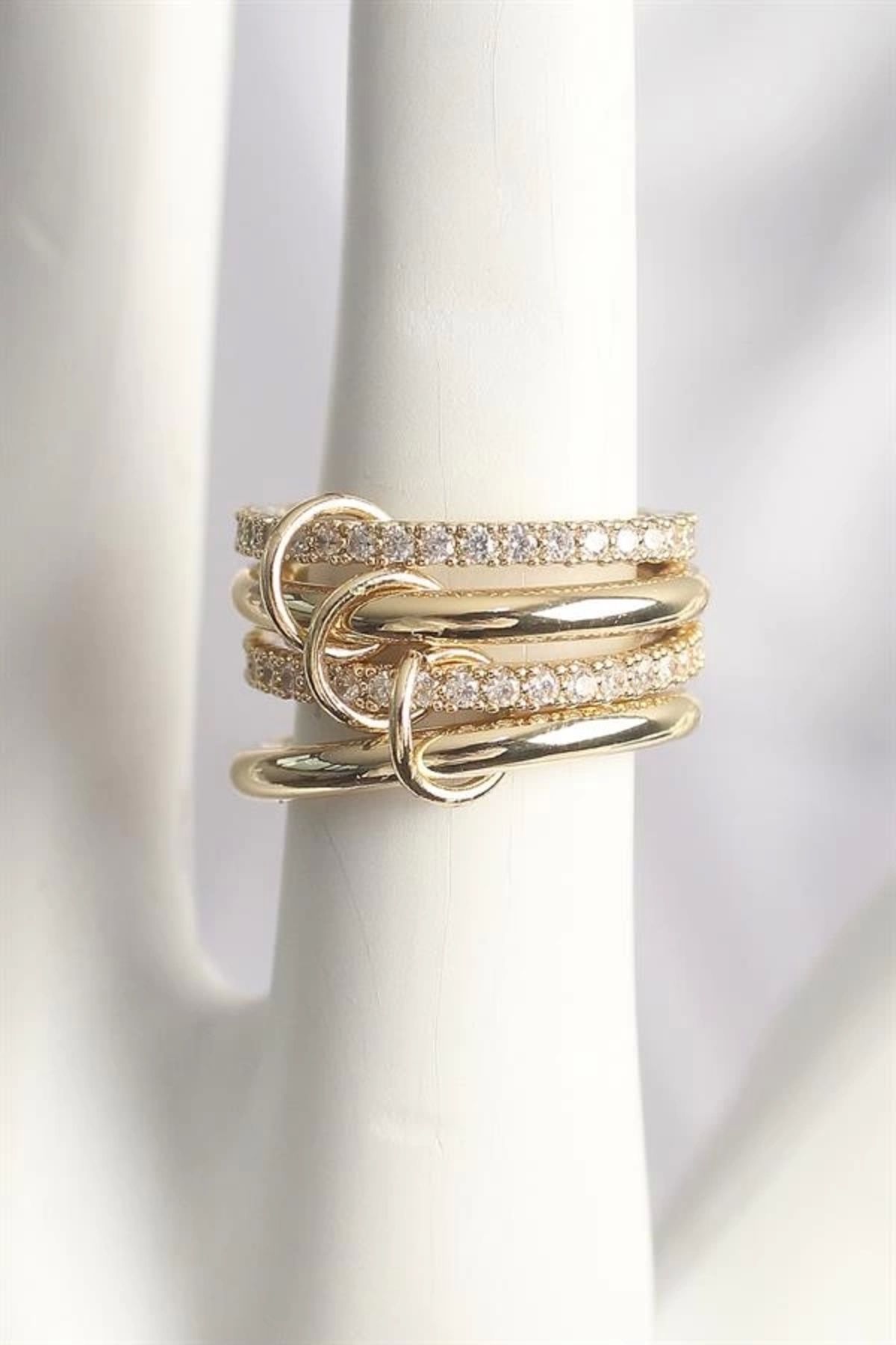 Lale Moda Pirinç Gold Renk Zirkon Taşlı 4'Lü Kadın Yüzük