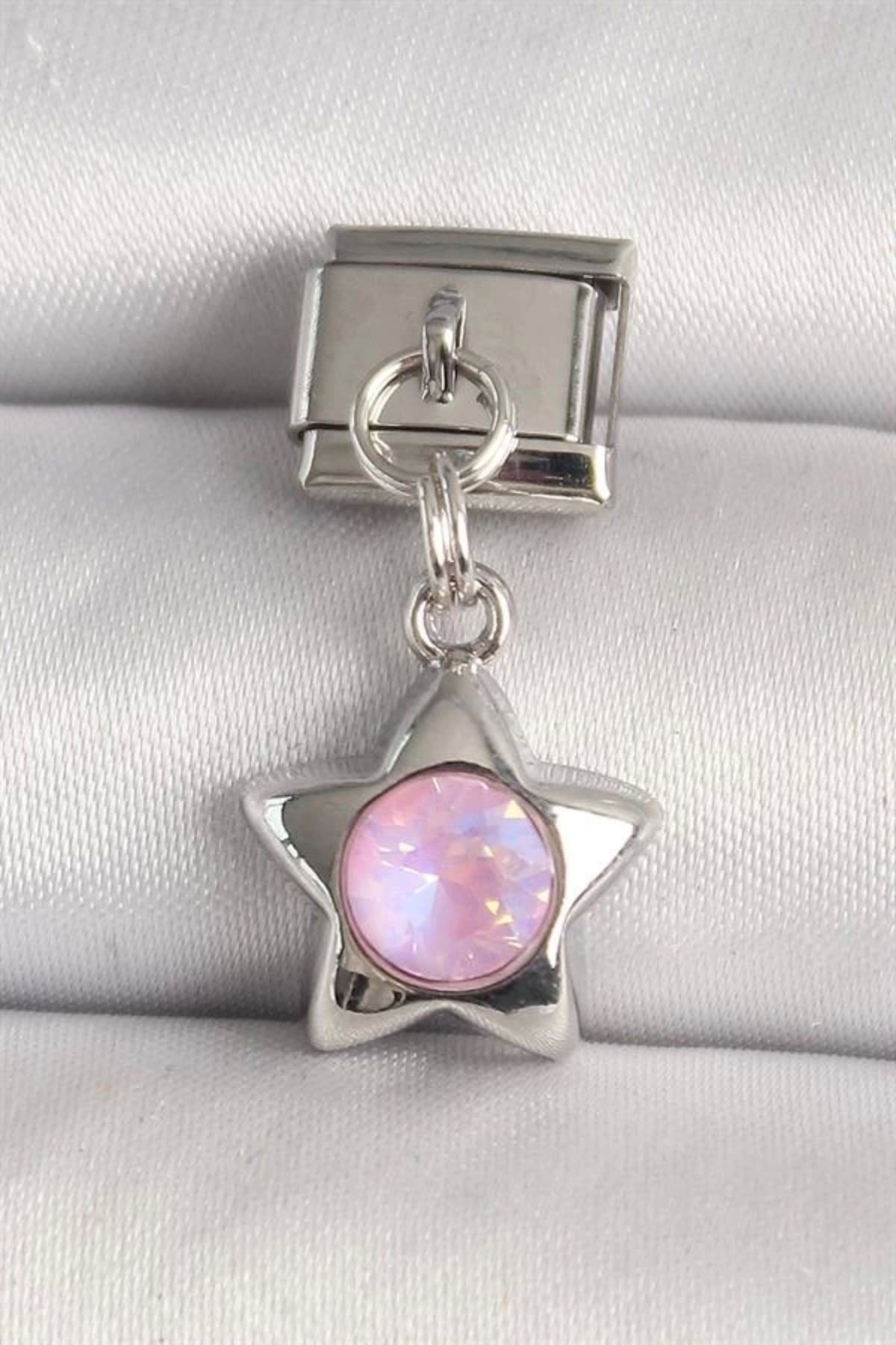 Lale Moda 316L Çelik Gümüş Renk Pembe Zirkon Taşlı Yıldız Model Nomination Charm