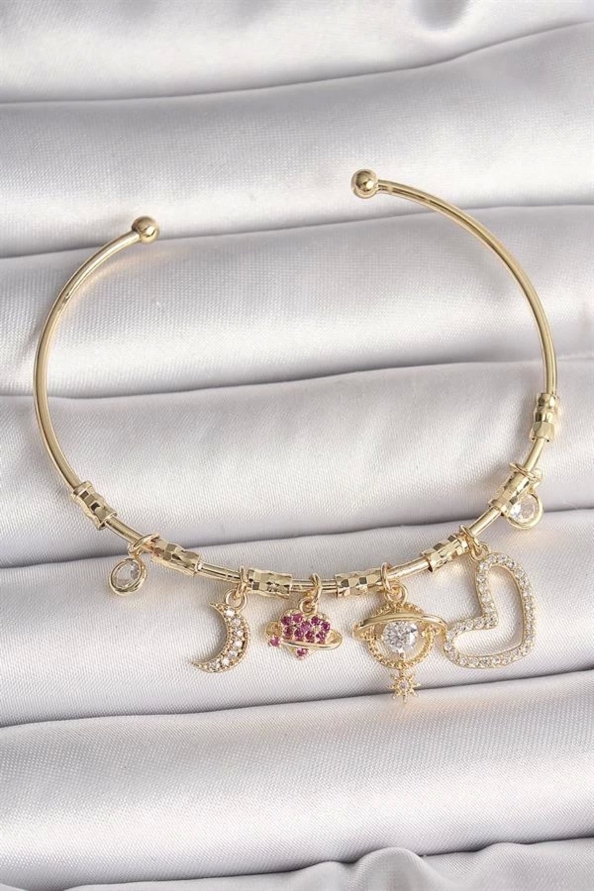 Lale Moda Pirinç Gold Renk Zirkon Taşlı Sallantı Gezegen Model Yıldız Detay Charm Kadın Bileklik