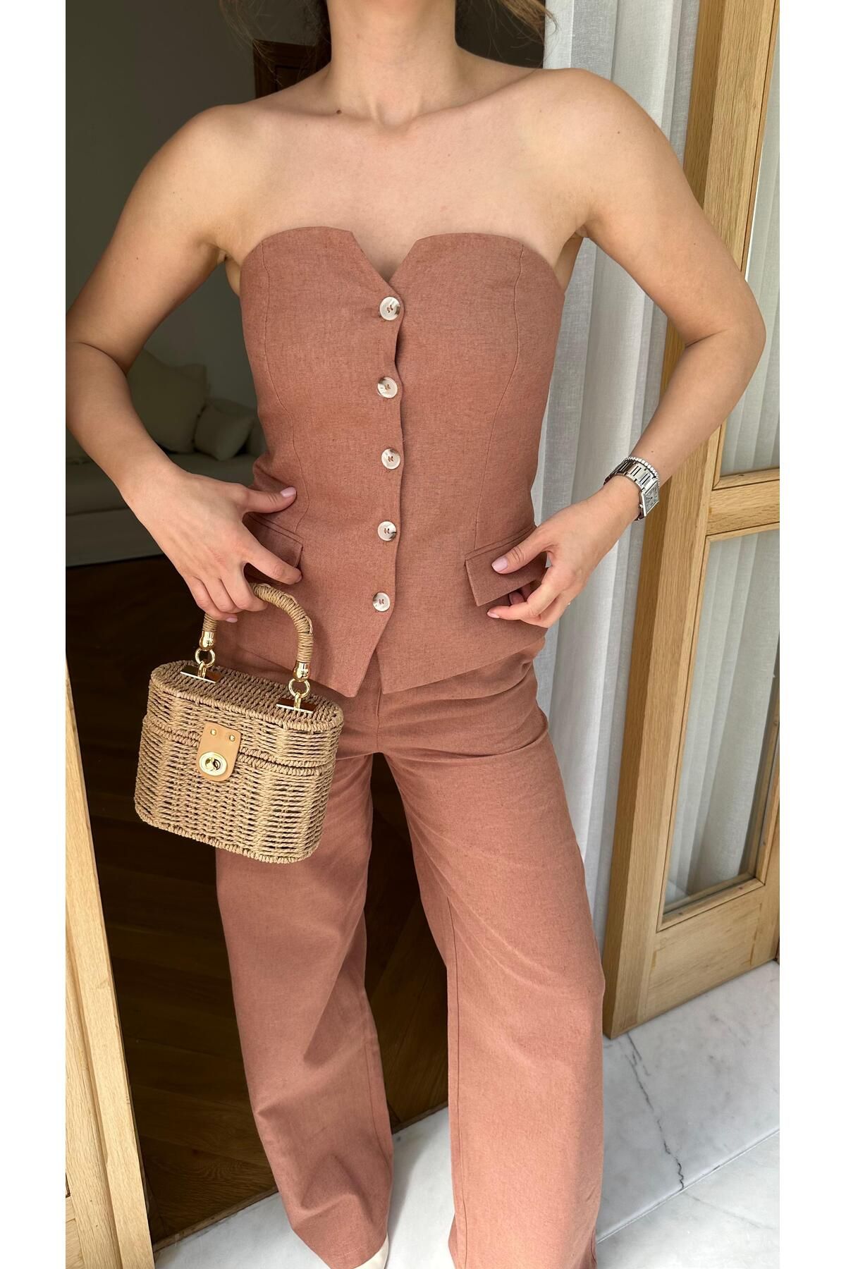 Askı Nişantaşı Kiremit Kemik Düğmeli Straplez Yelek Pantolon Takım
