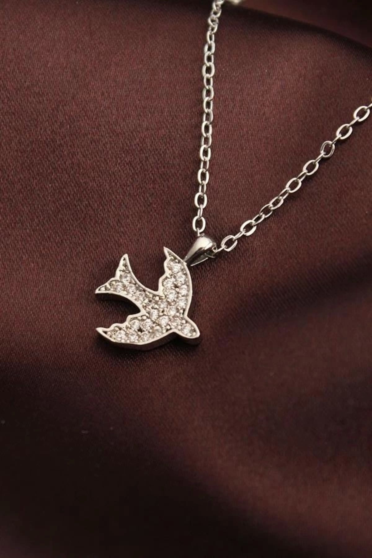 Lale Moda Gümüş Renk Zirkon Taşlı Kuş Kolye