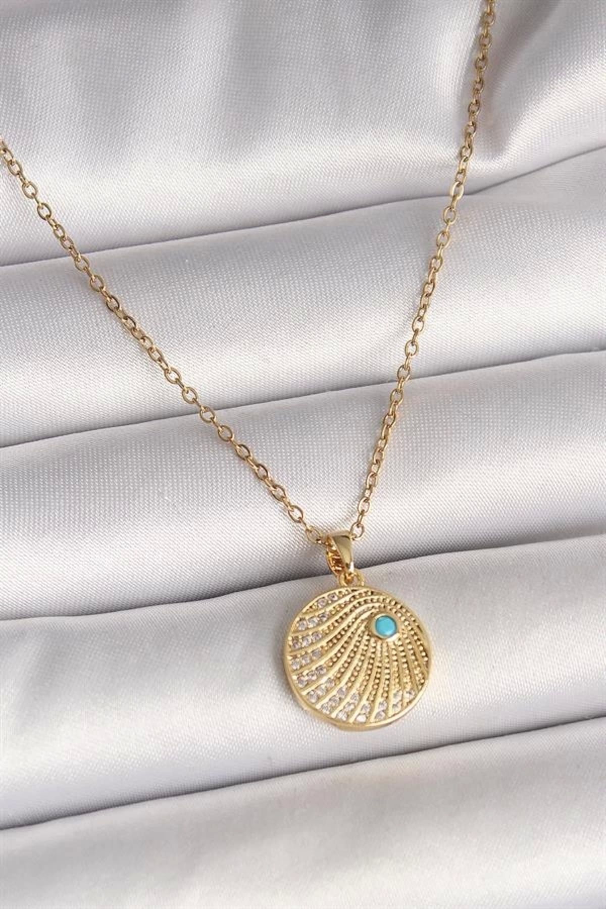 Lale Moda 316L Çelik Gold Renk Zincir Zirkon Taş İşlemeli Mavi Taş Detaylı Madalyon Model Kadın Kolye