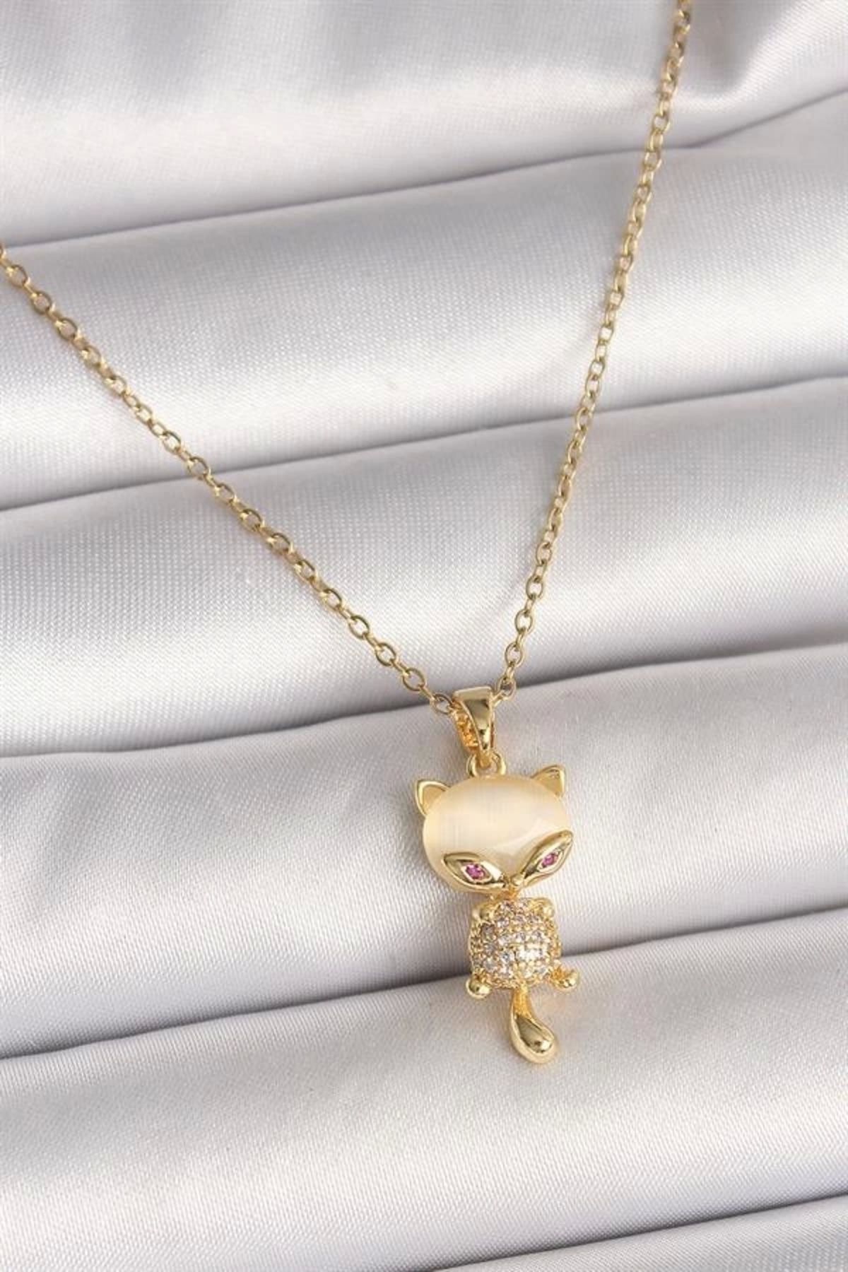 Lale Moda 316L Çelik Gold Renk Zincir Zirkon Taşlı Kedi Model Kadın Kolye