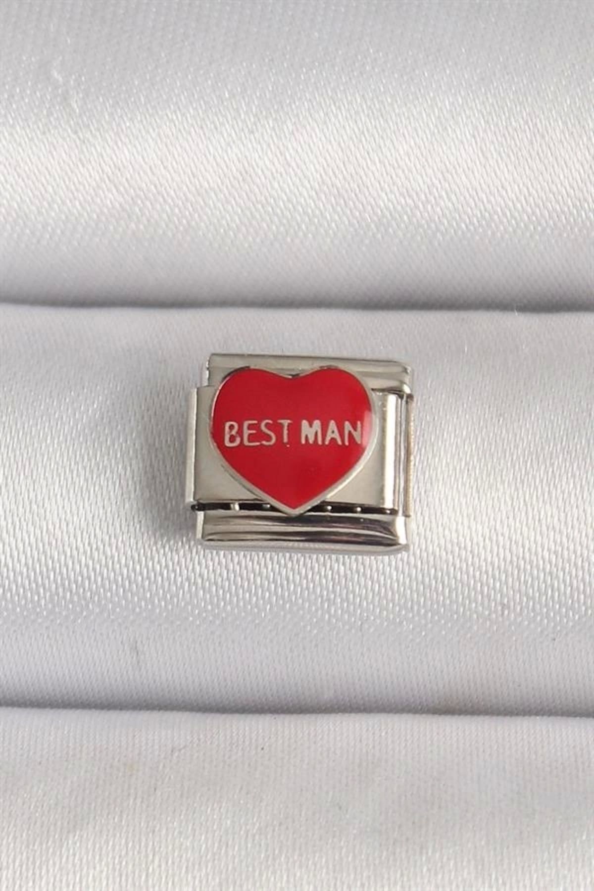 Lale Moda 316L Çelik Gümüş Renk 'Best Man' Yazılı Kırmızı Kalp İşlemeli Nomination Charm