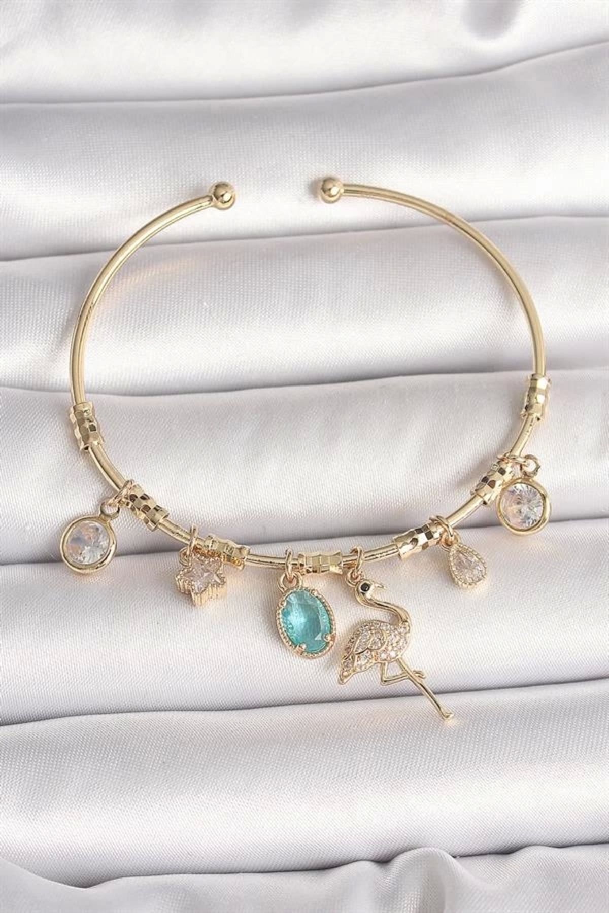 Lale Moda Pirinç Gold Renk Zirkon Taşlı Sallantı Filamingo Figür Charm Kadın Bileklik