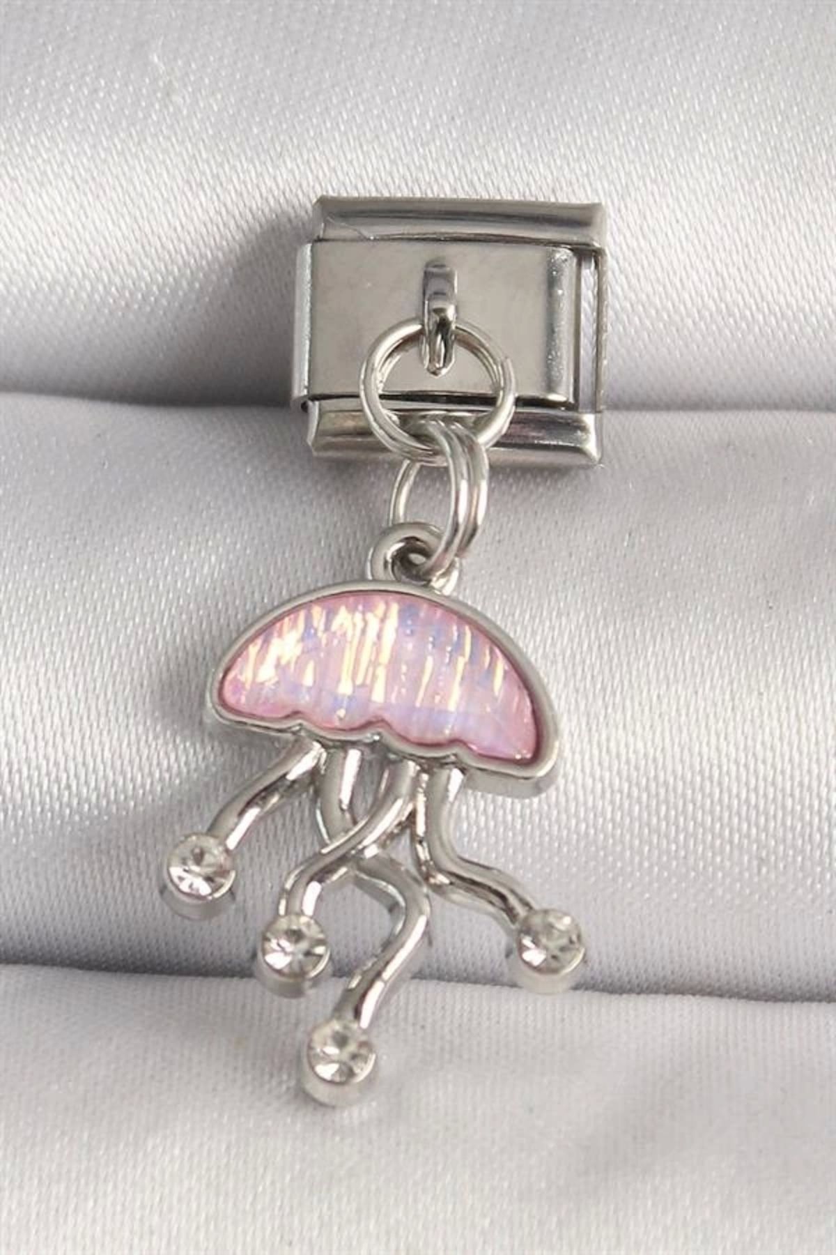 Lale Moda 316L Çelik Gümüş Renk Pembe Mineli Deniz Anası Model Zirkon Taş Detaylı Nomination Charm